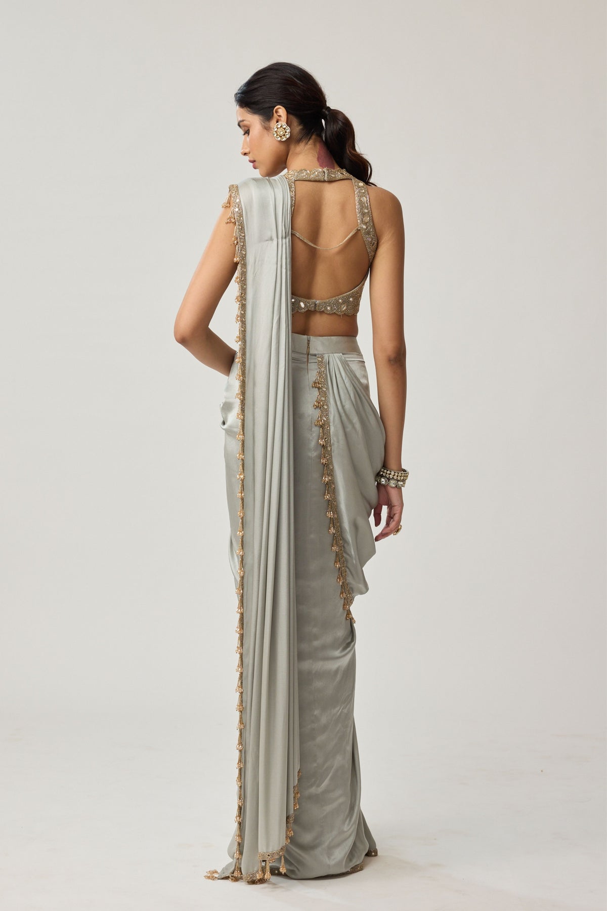Powder Grey Draped Saree Set