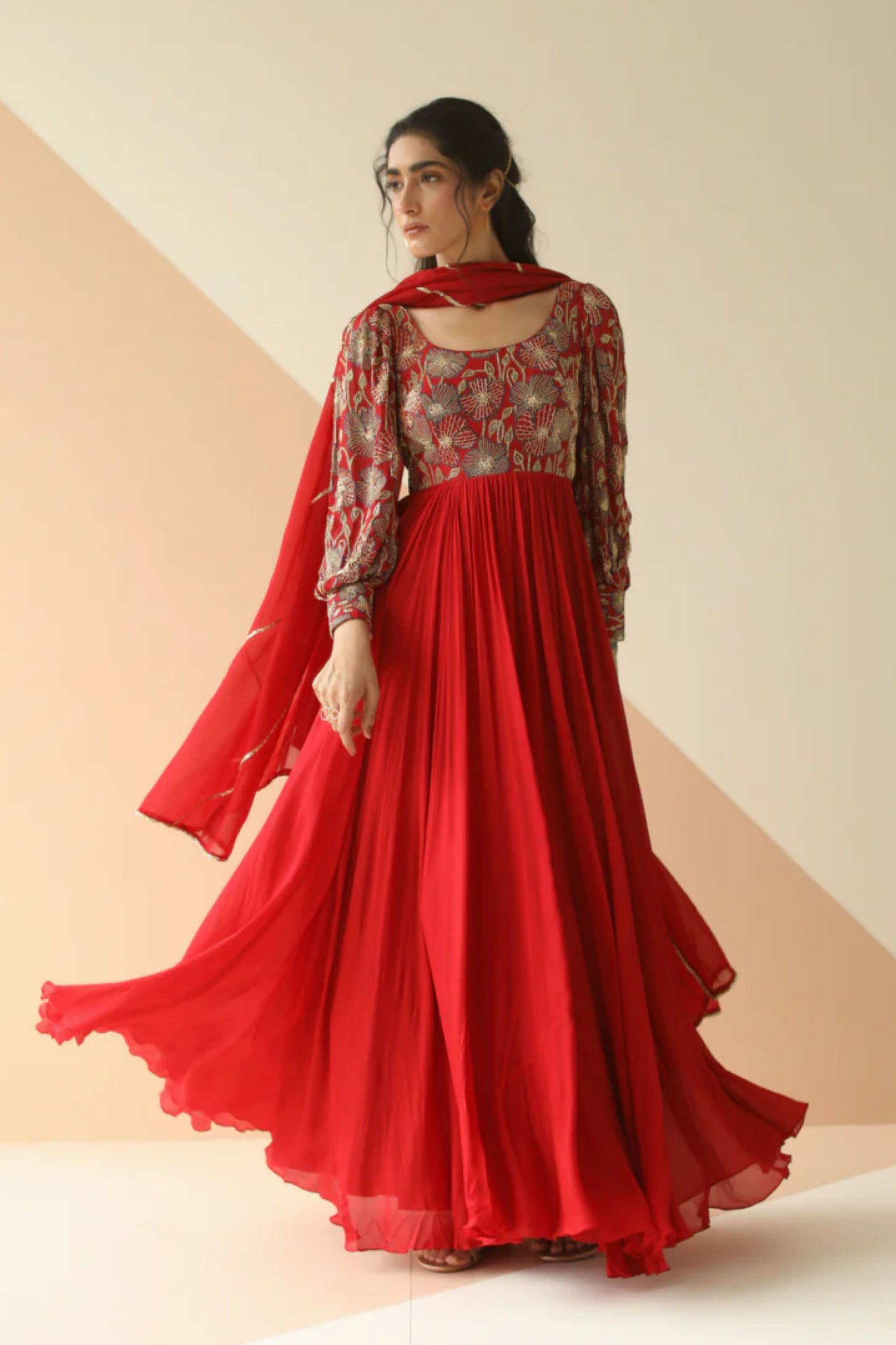 anarkali dress sleeves design Designer Peacock Embroidered Anarkali Gown for Women