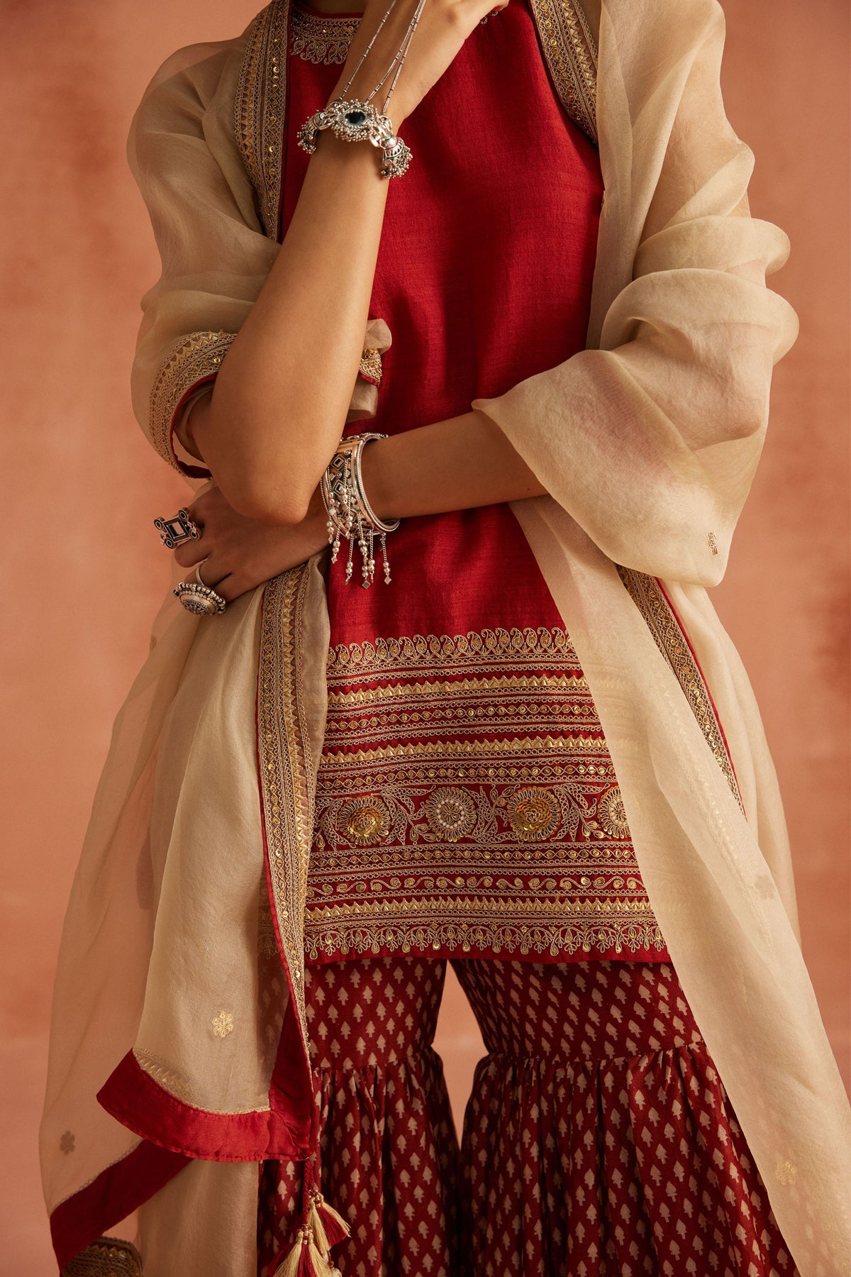 Red Matka Silk Sharara Set