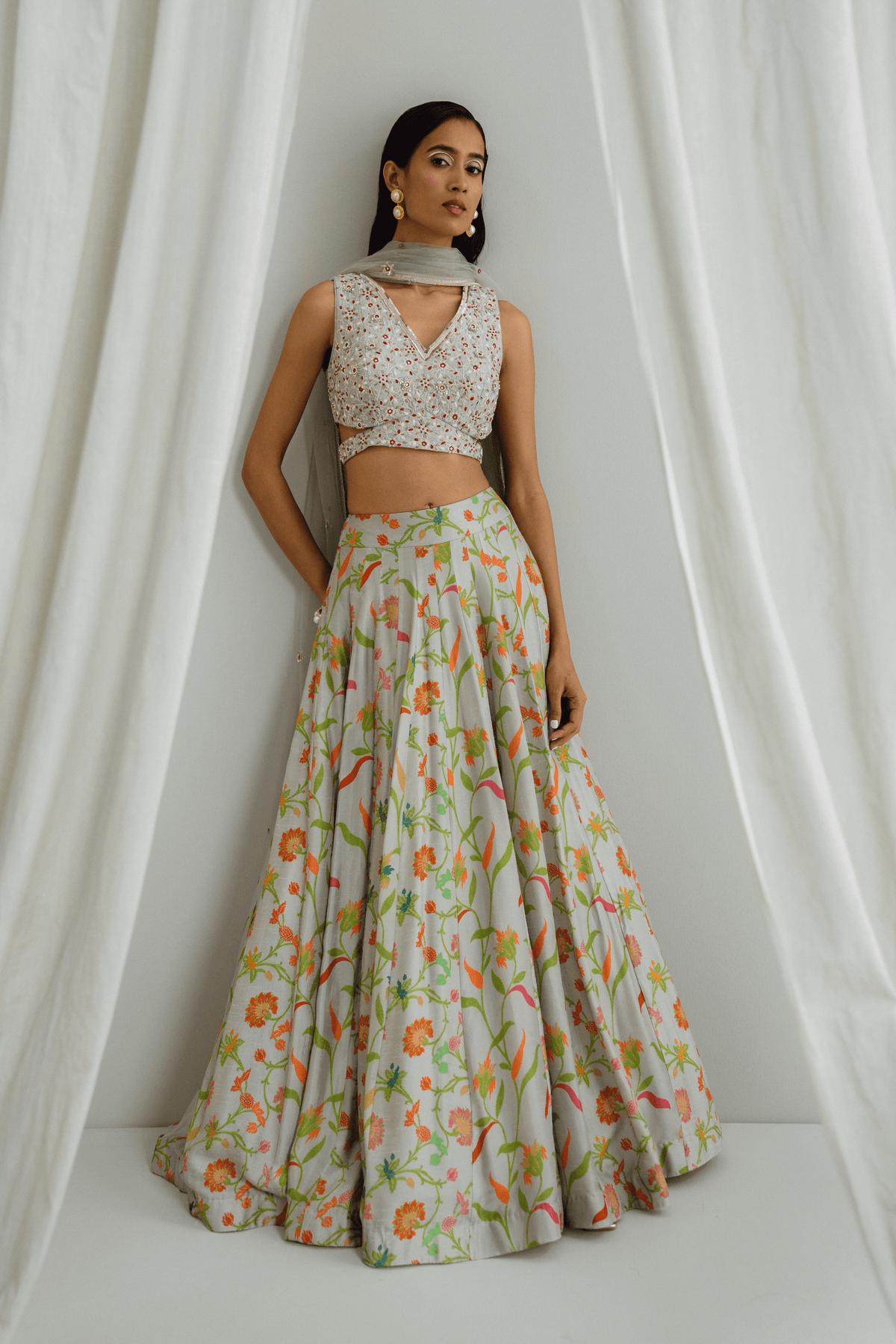 Grey Mix Print Paneled Lehenga Set