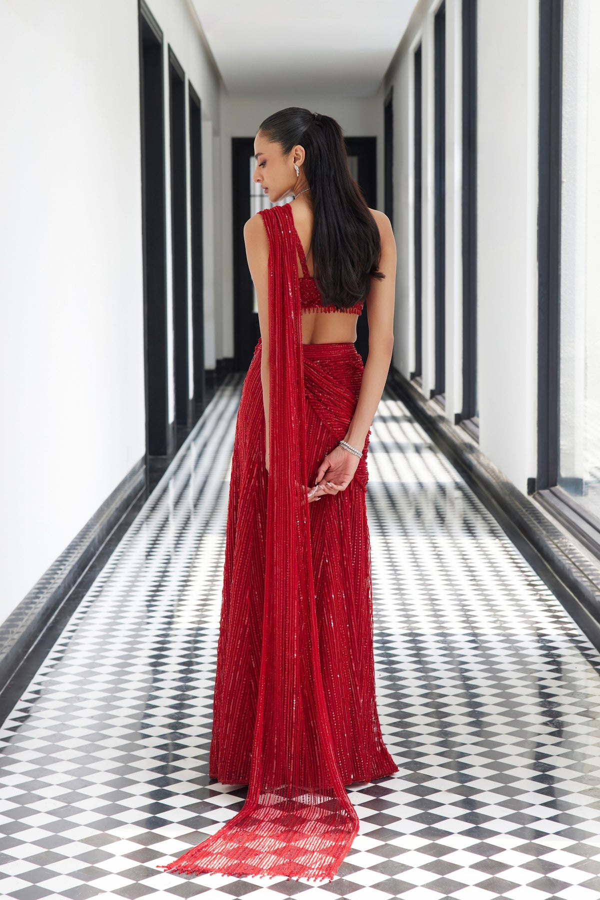Red Drape Saree With a Slit Skirt