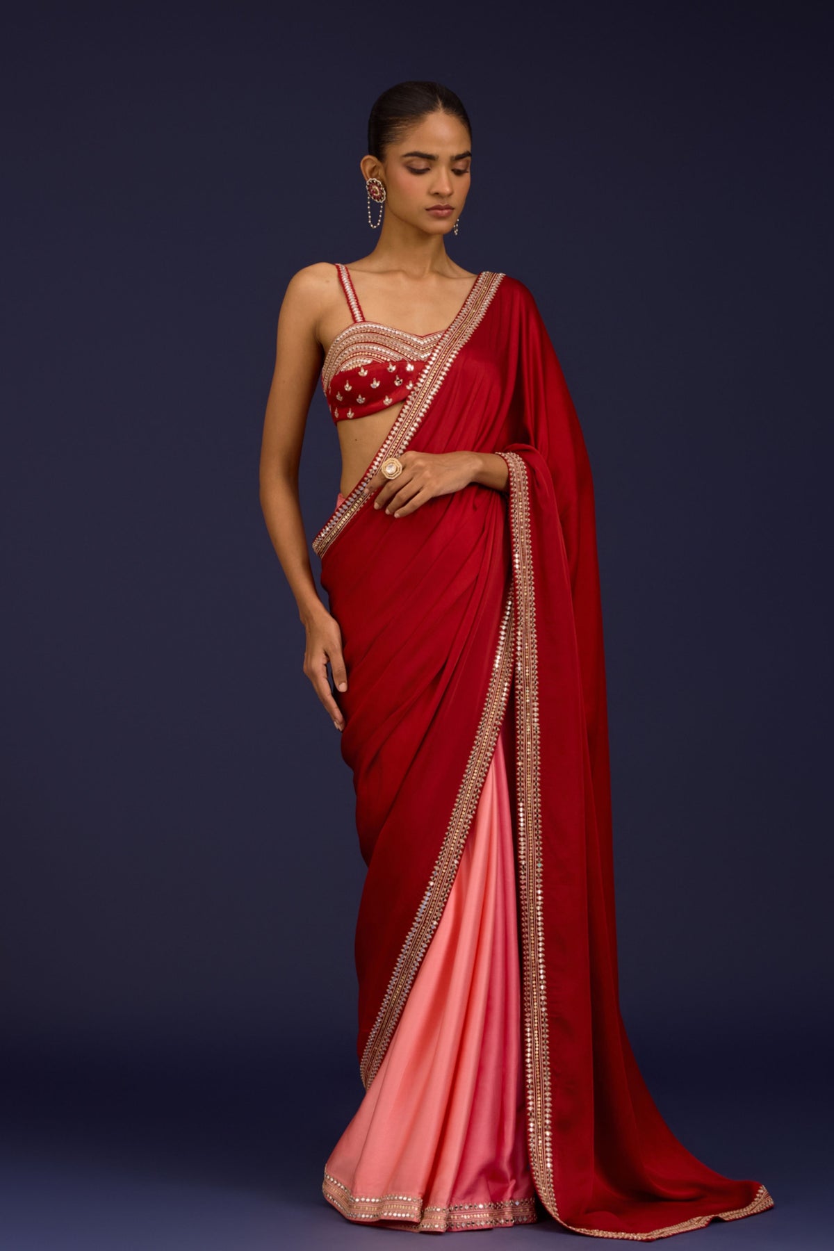 Pink Embroidered Net Saree Set