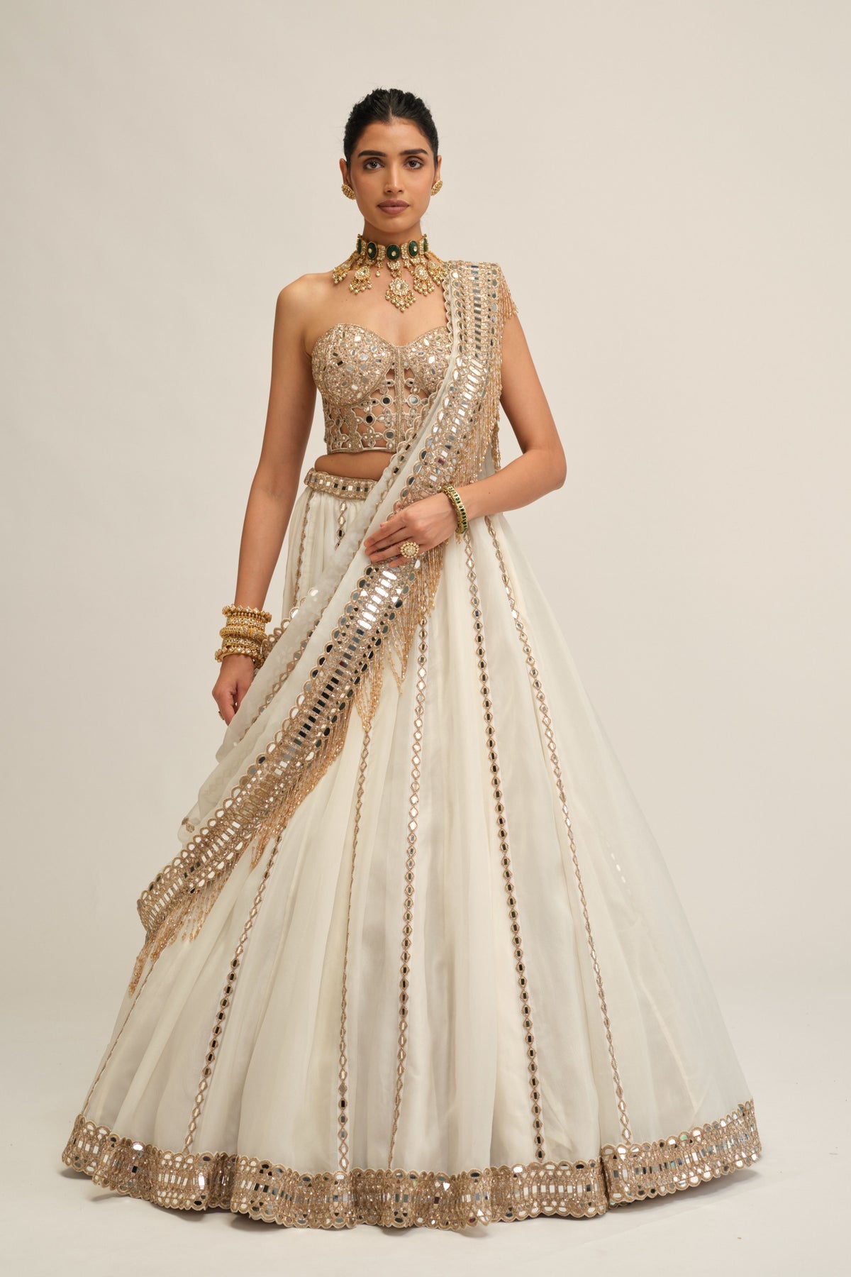 Off White Embroidered Lehenga Set