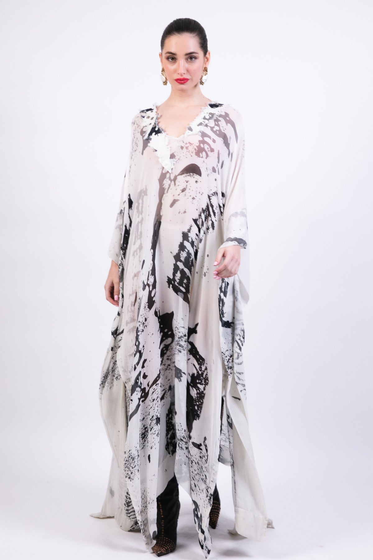 Draped Kaftan With Printed Slip