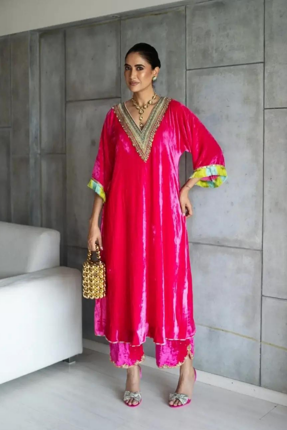 Nadira Hot Pink Velvet Kurta Set