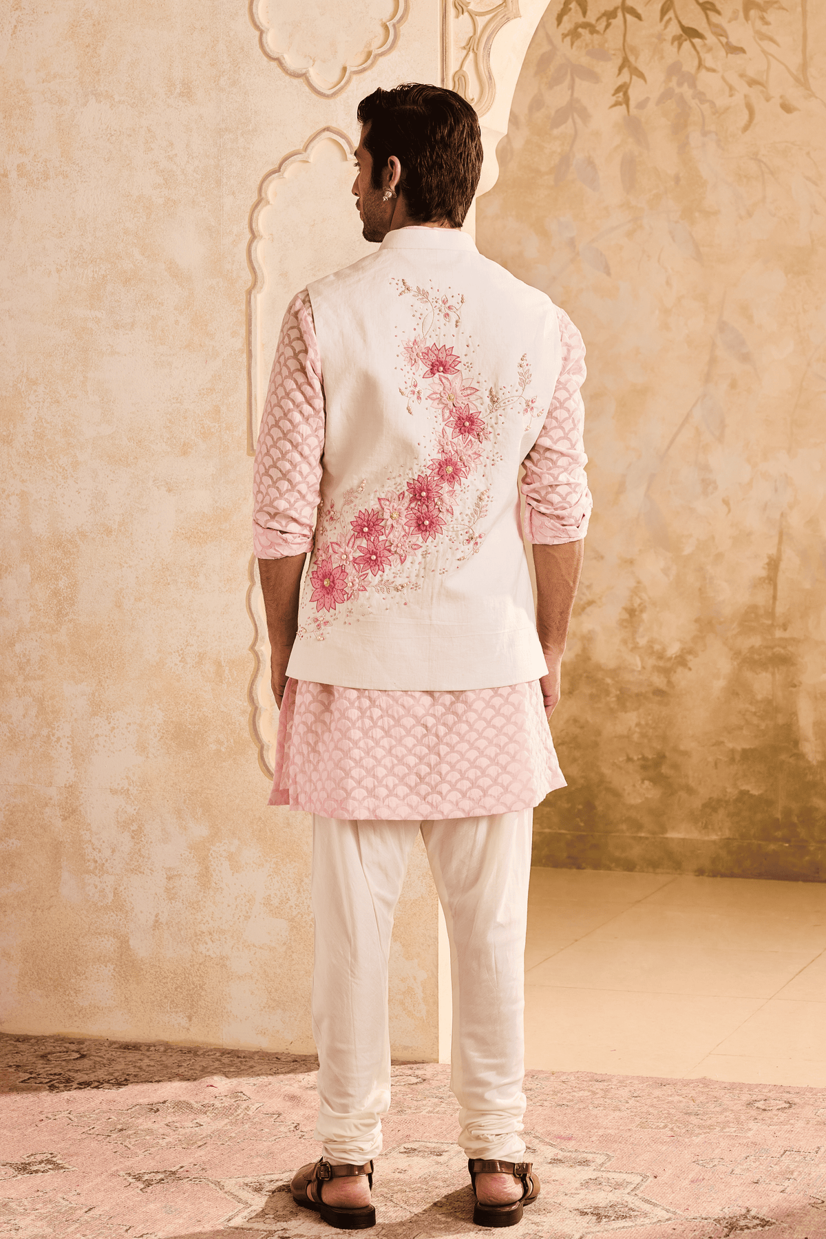 Ivory Floral Nehru Pink Kurta Set