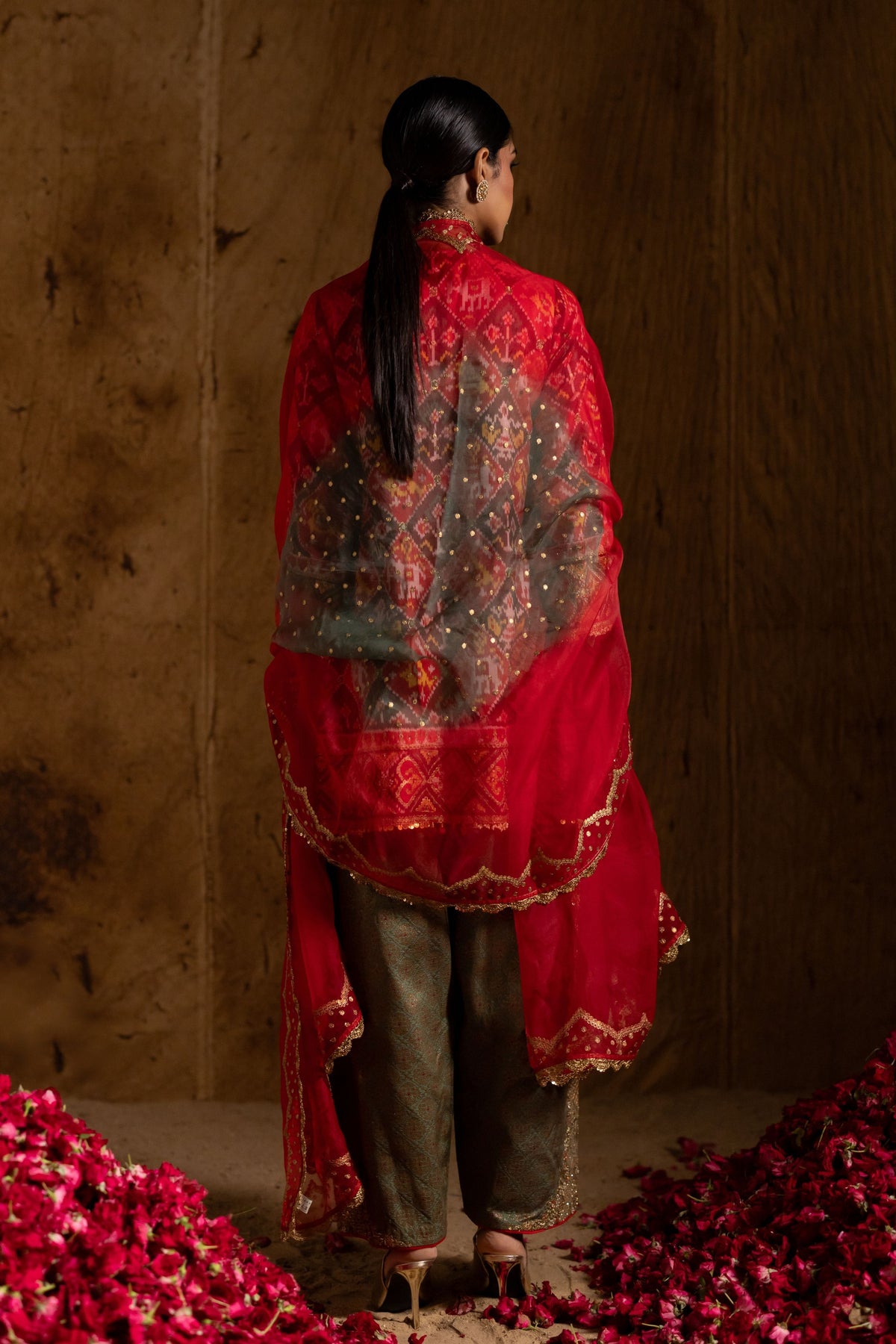 Red Checks Patola Kurta Set