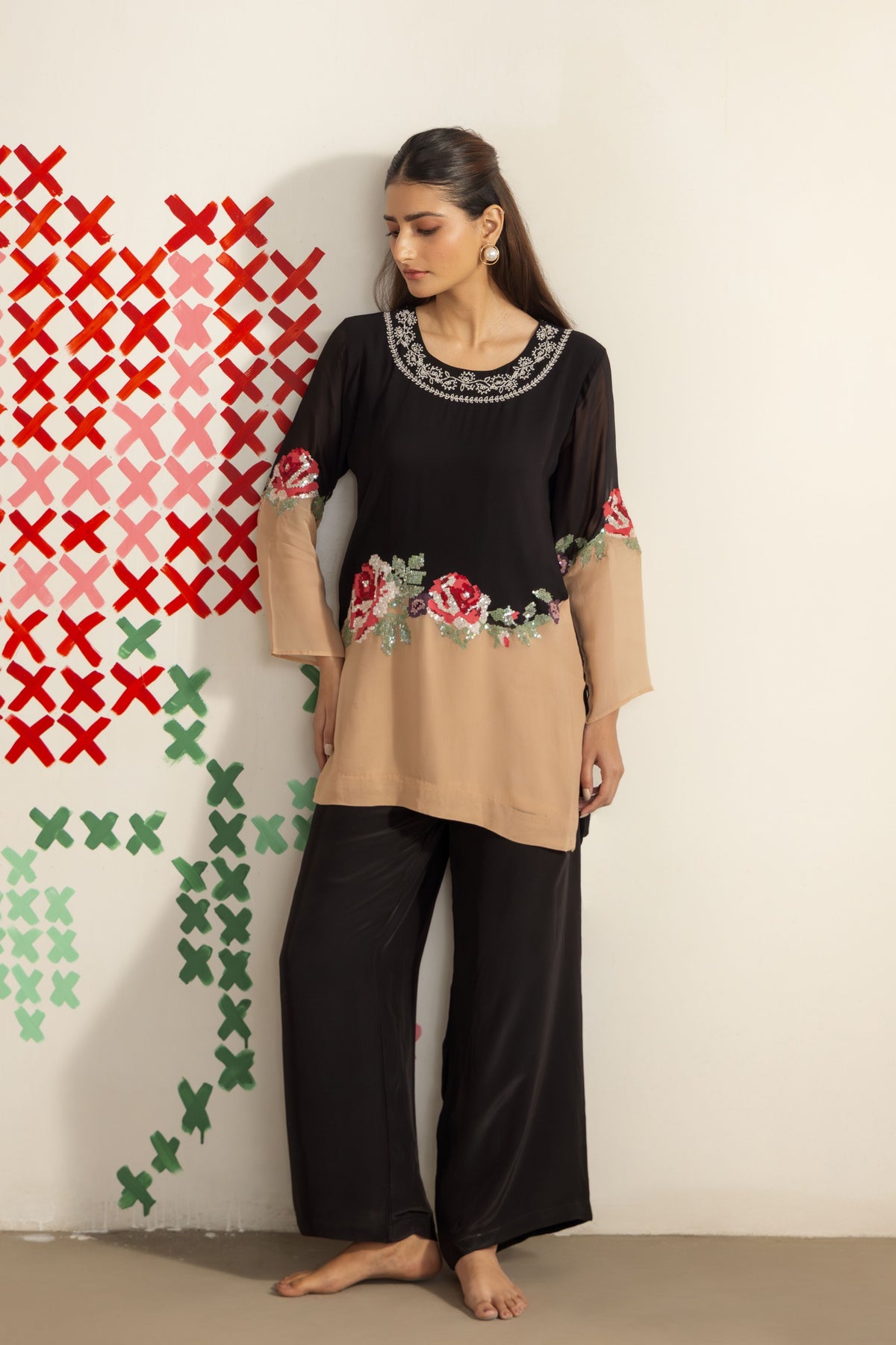 Black Beige Harmony Tunic Set