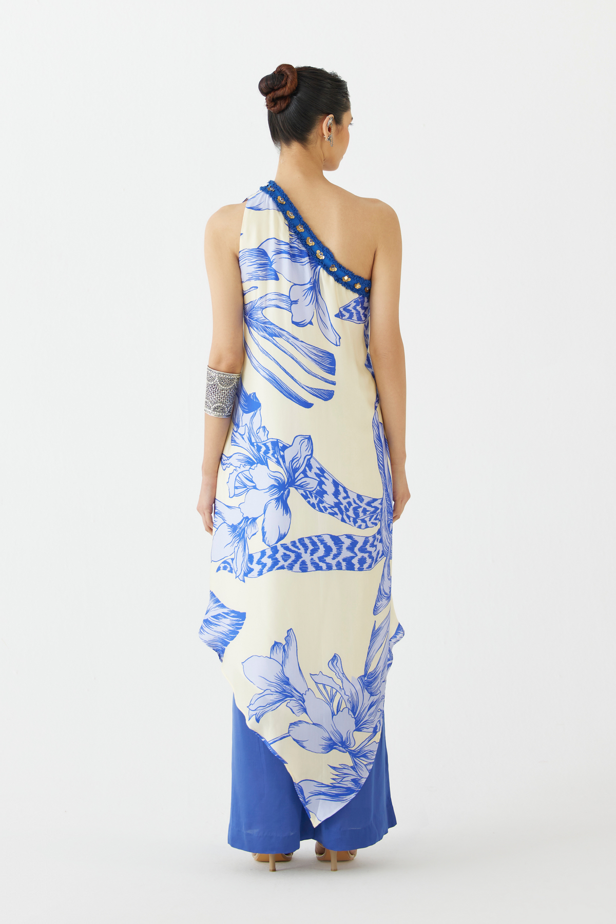 Blue Aphrodite One Shoulder Kurta &amp; Flared Pants Co-ord