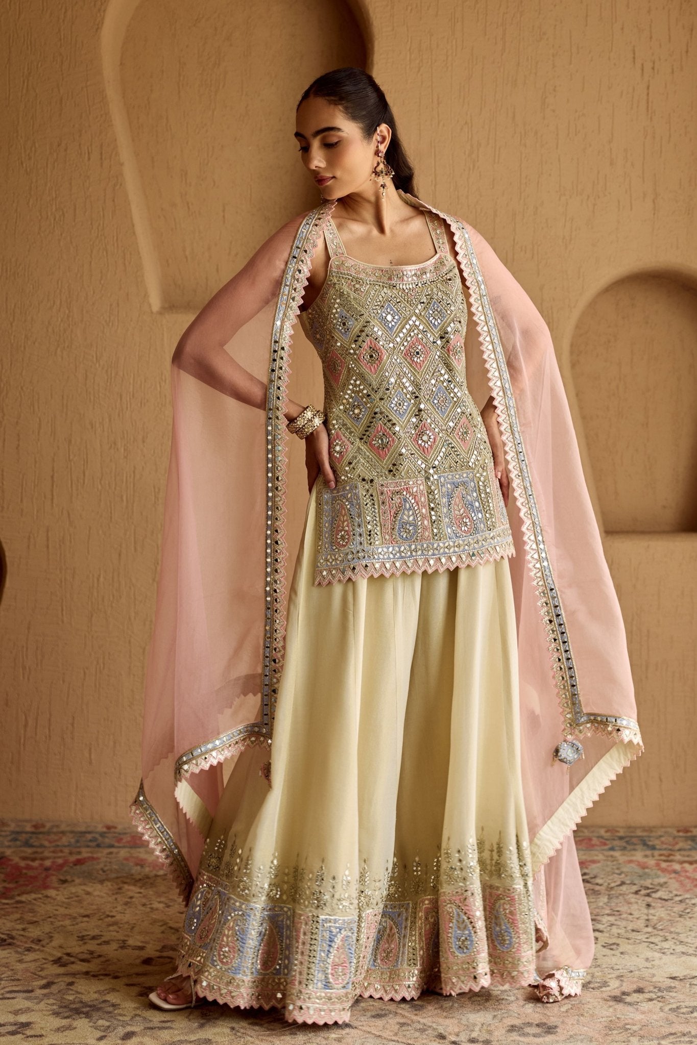 Ivory Tissue Patch Kurta Sharara Set - Suhino - Elahe