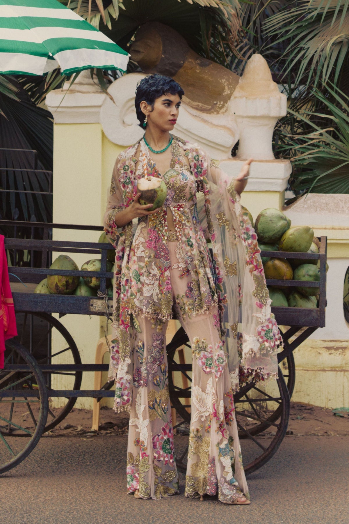 Peach Patchwork Peplum Sharara Set