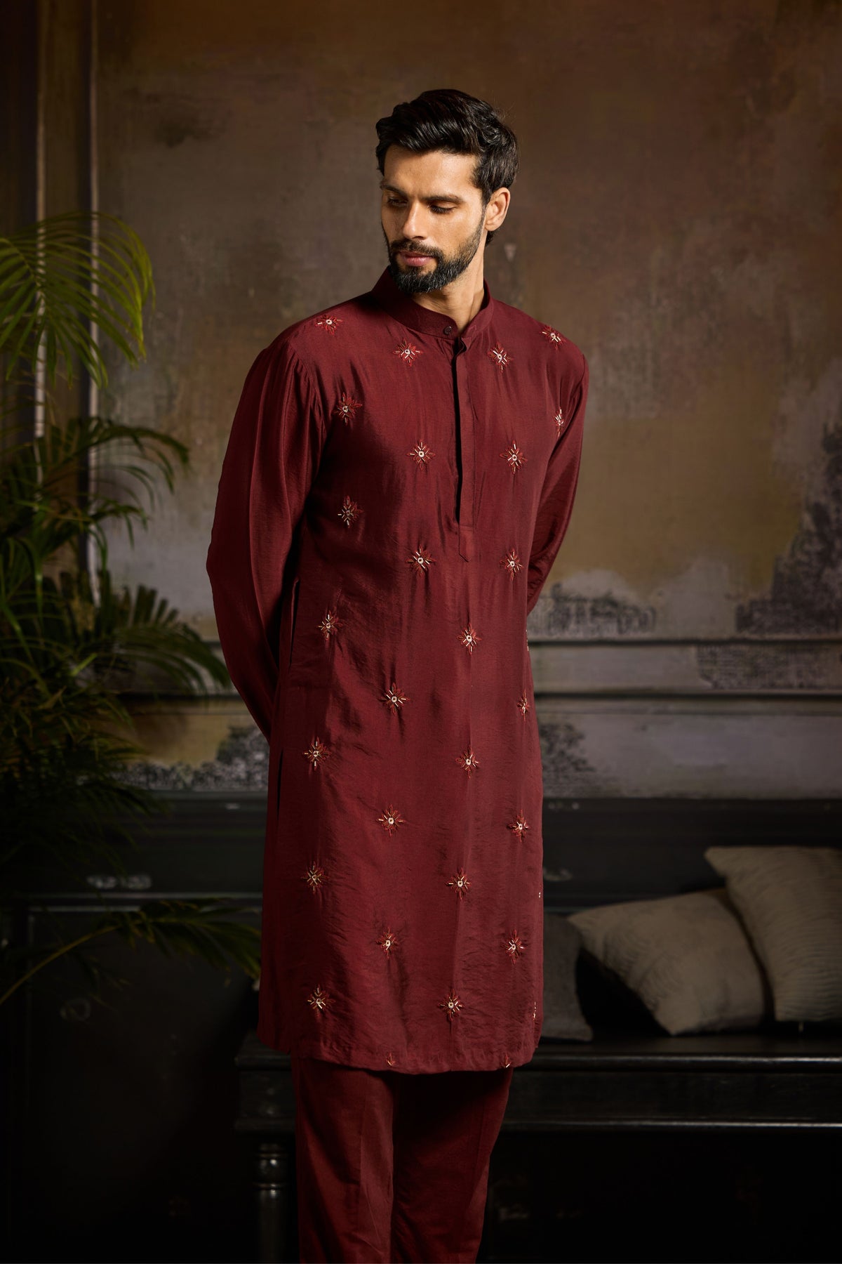 Maroon Floral Butta Kurta Set