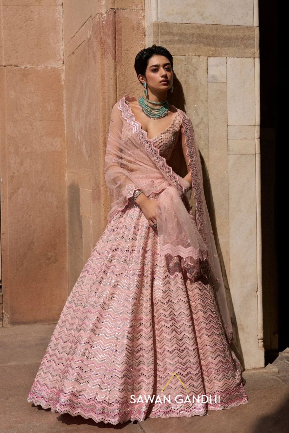 Blush Pink Chevron Lehenga Set