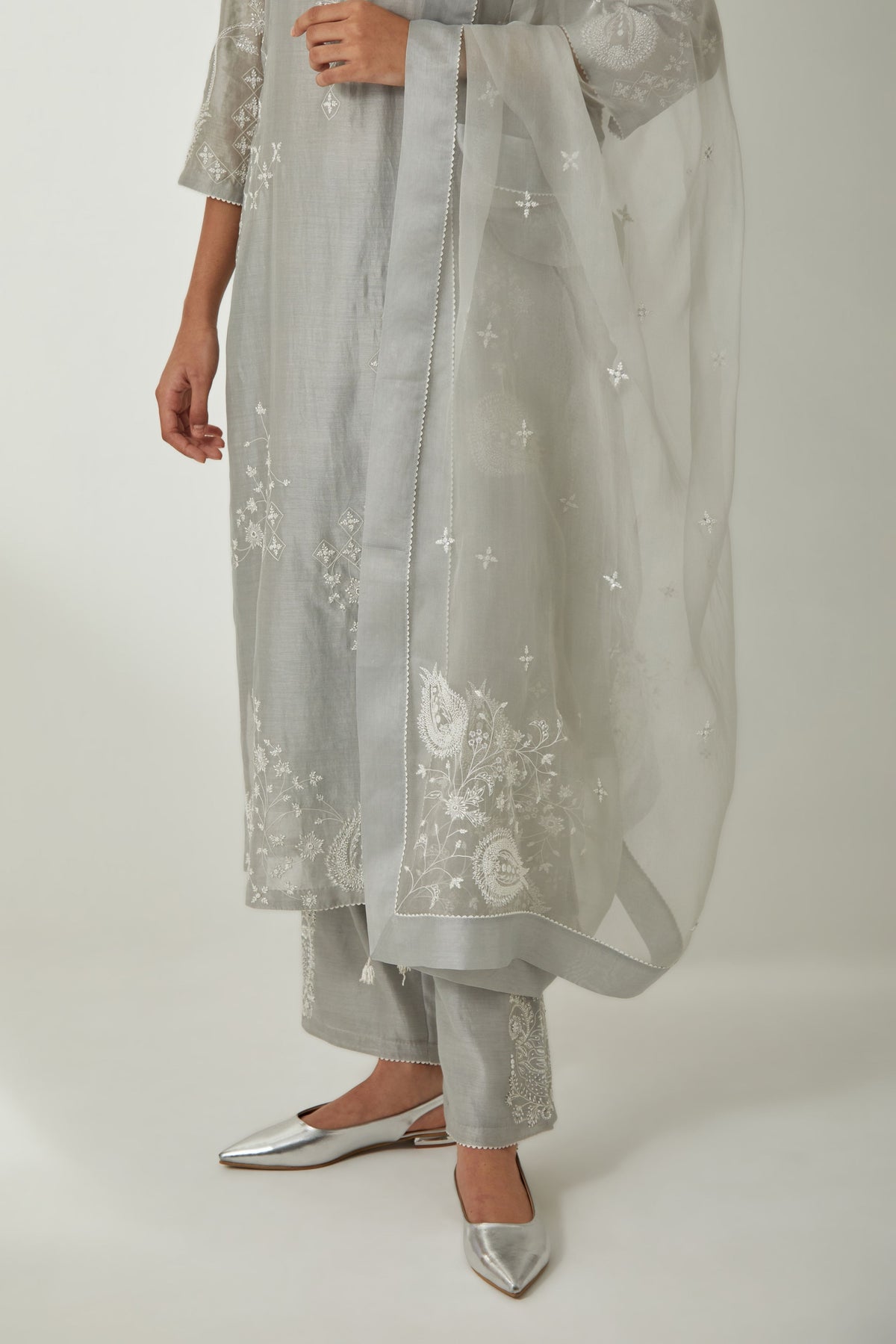 Grey Straight Embroidery Kurta Set