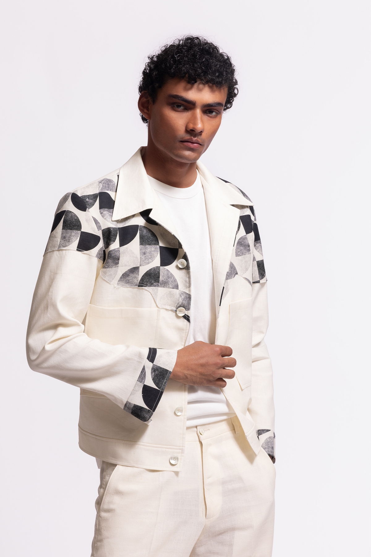 Ivory Printed Linen Jacket With Pockets