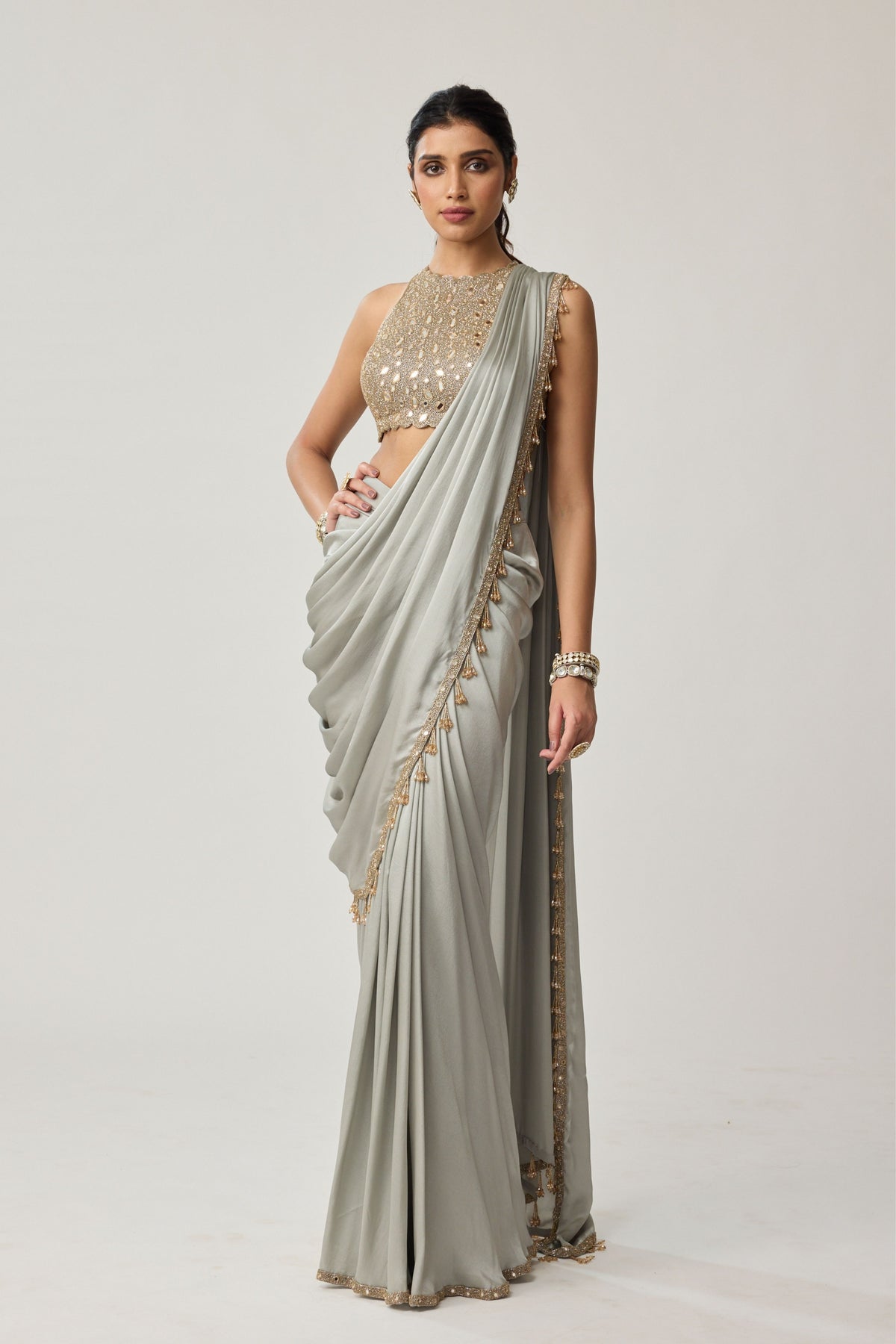 Powder Grey Draped Saree Set