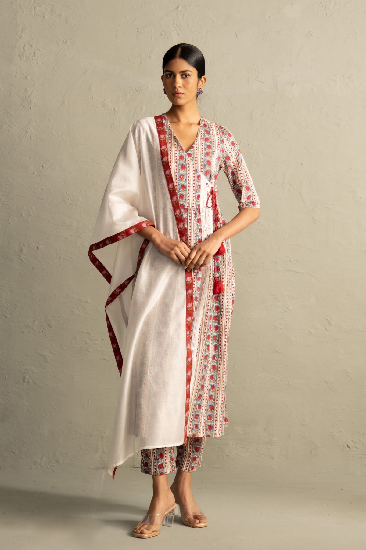 Cream Angrakha Straight Kurta Set