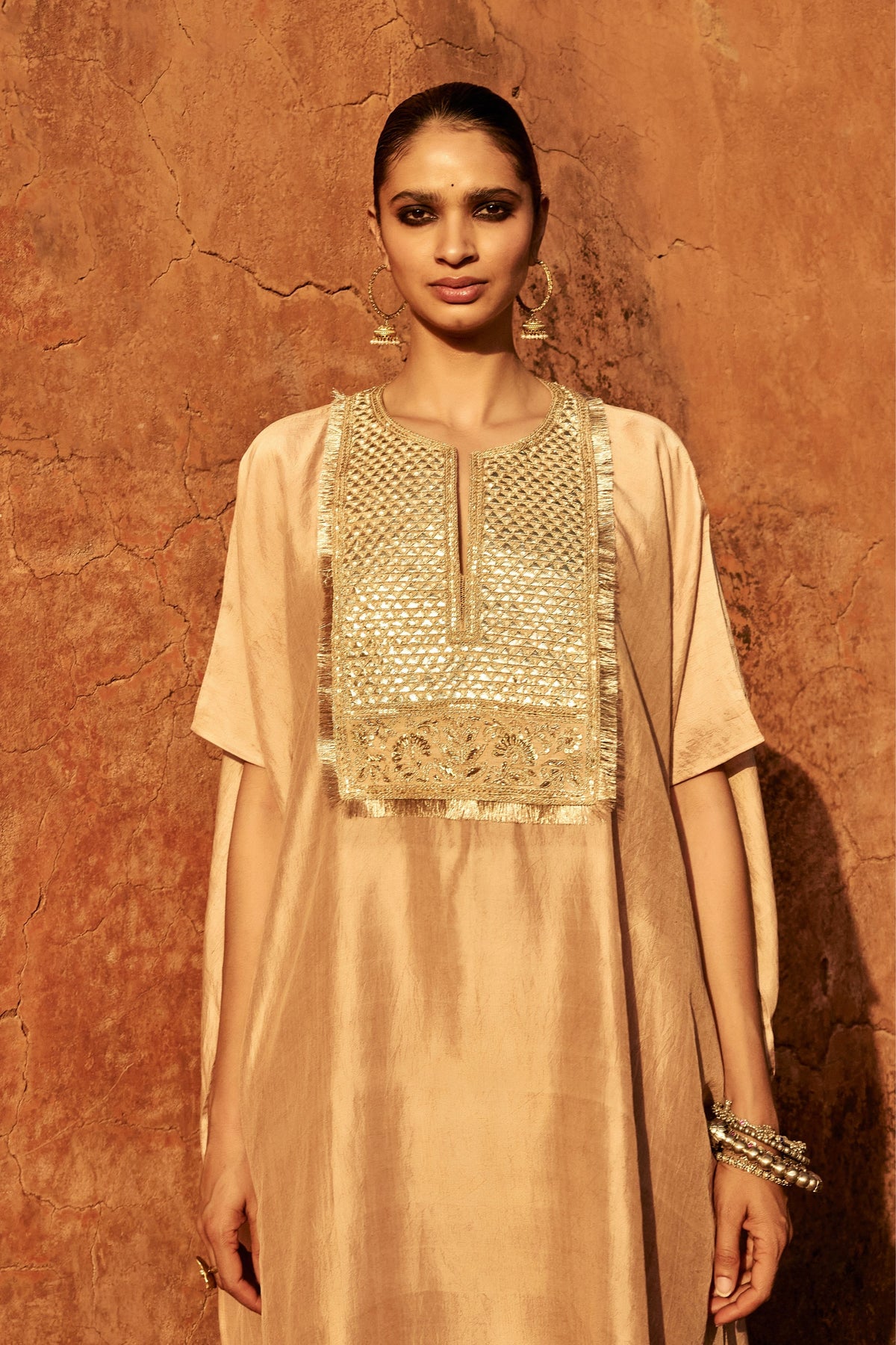 Gota Yoke Beige Kaftan Set