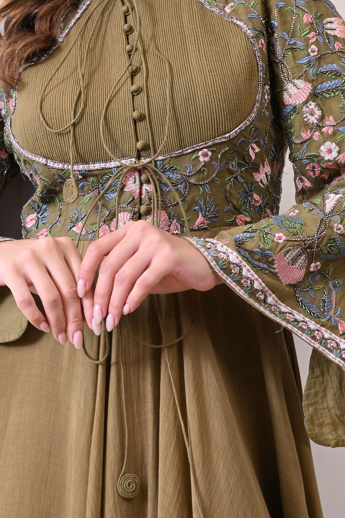 Olive Trumpet Sleeves Embroidered Anarkali