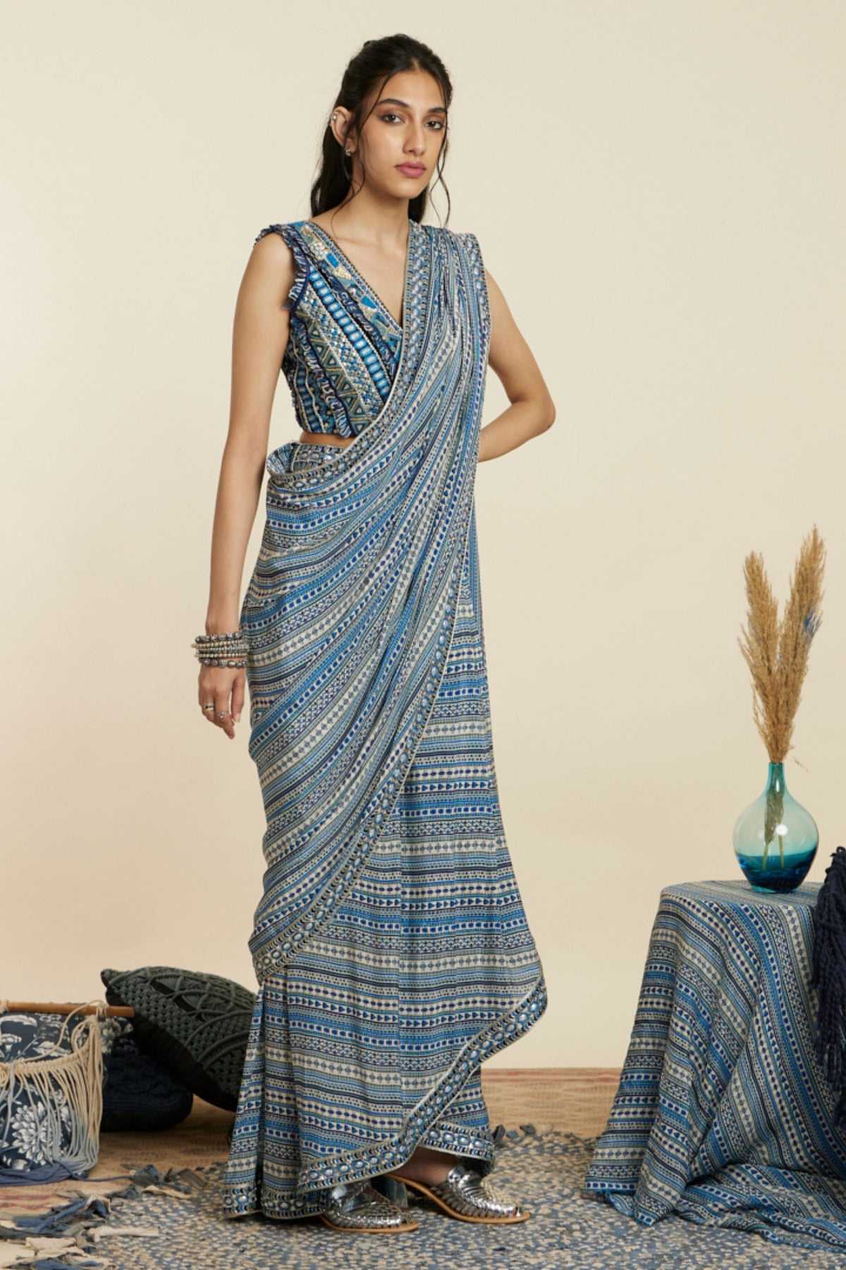 Blue Boho Cascade Saree Set