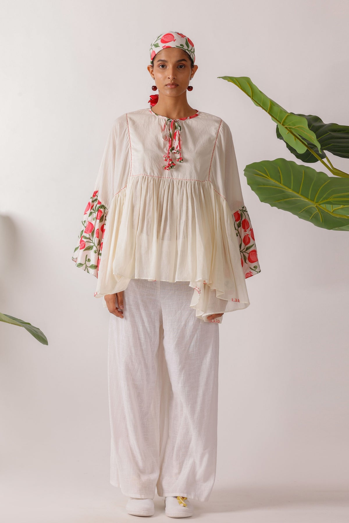 Pomegranate Printed Flared Sleeves Top