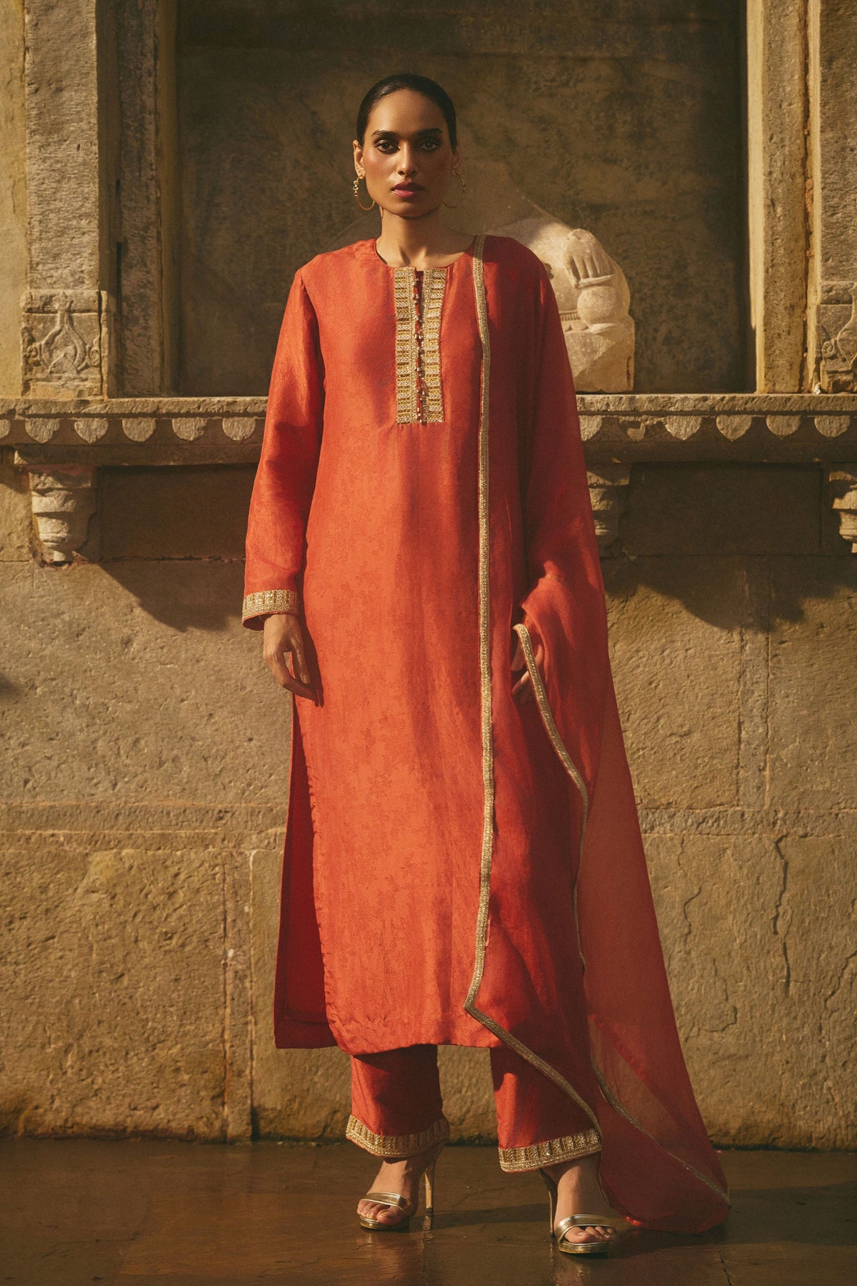 Chanderi Red Printed Kurta Set