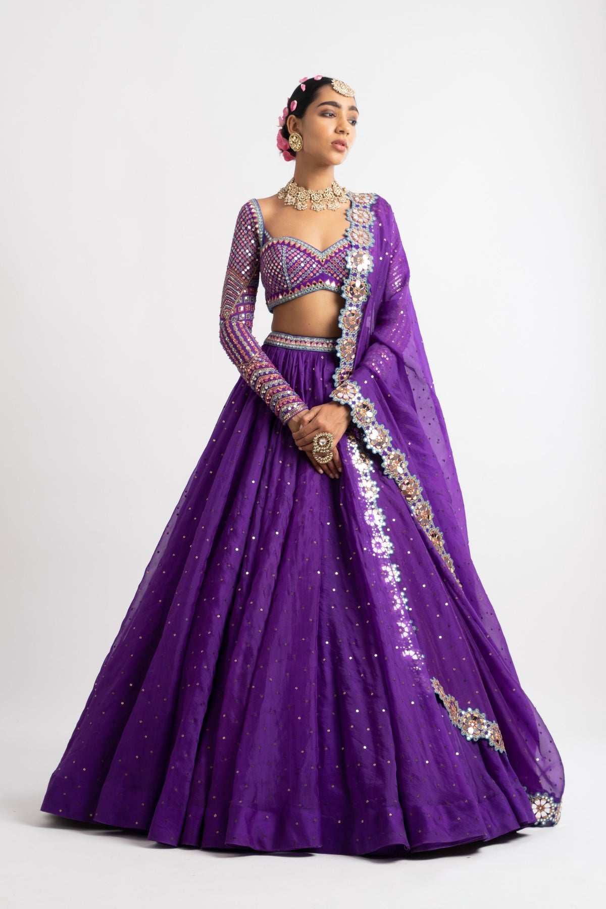 Purple silk organza lehenga
