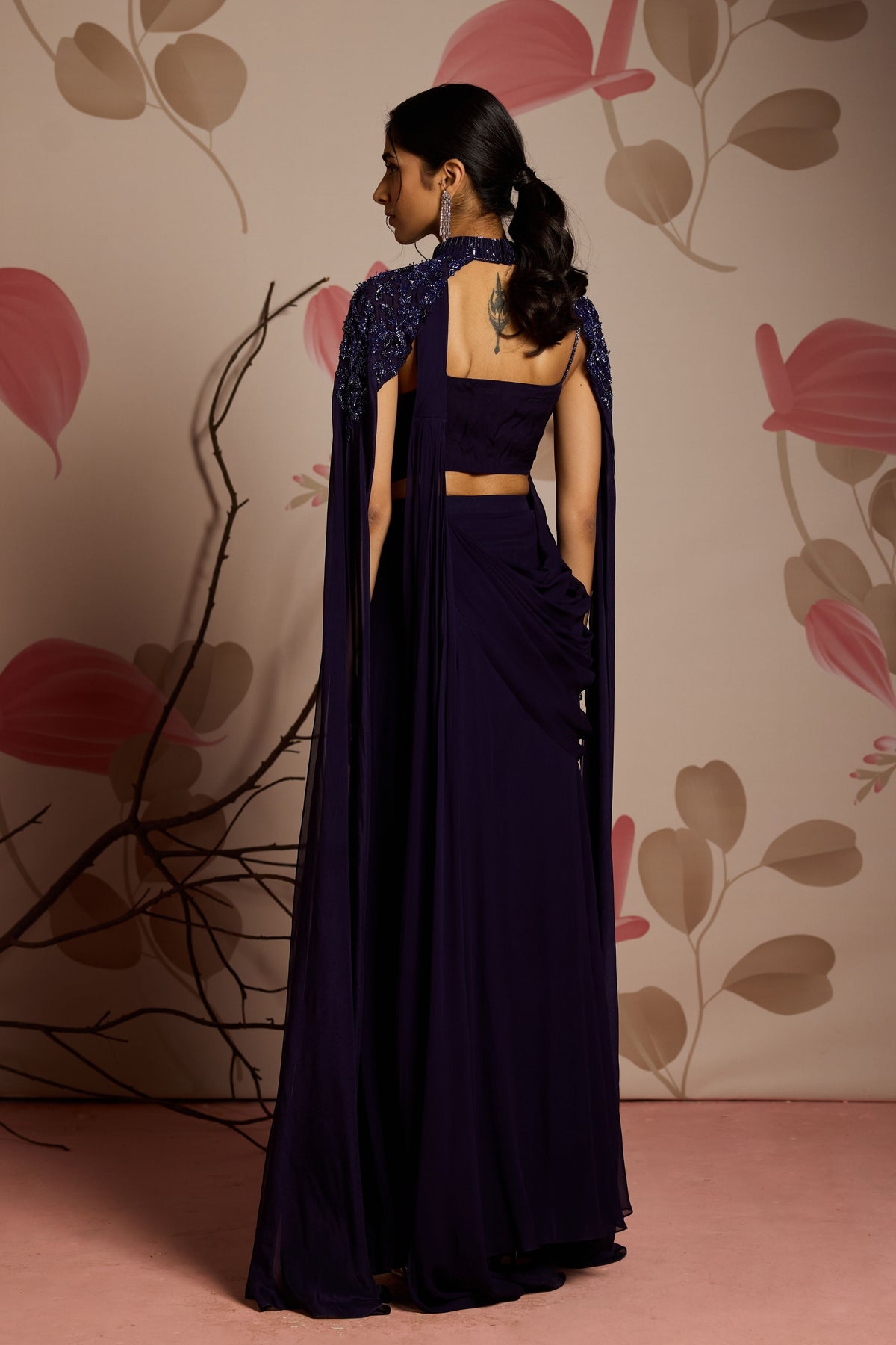 Lavender Drape Saree Set With Cape