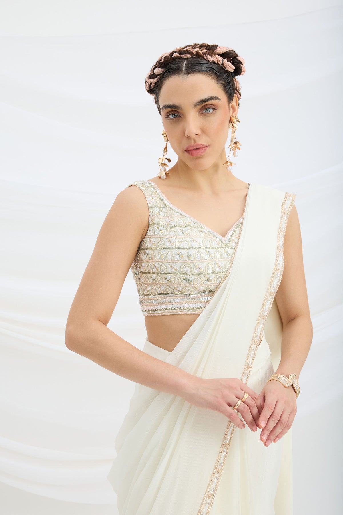 Off White Drape Saree Set