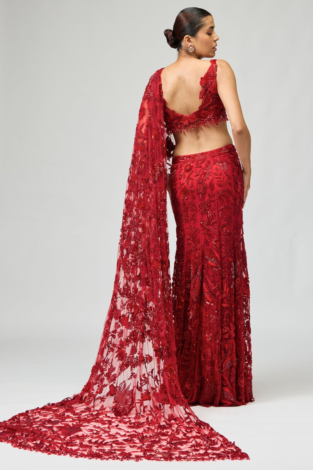 Red Embroidered Saree Set