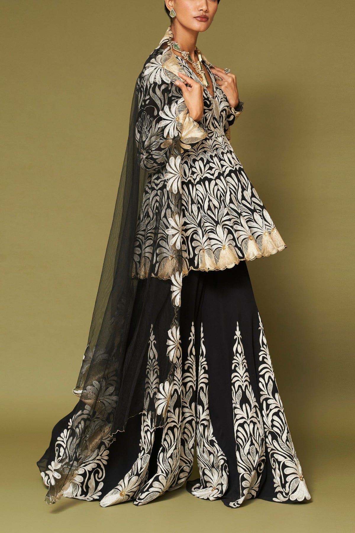 Black Embroidered Georgette Sharara Set