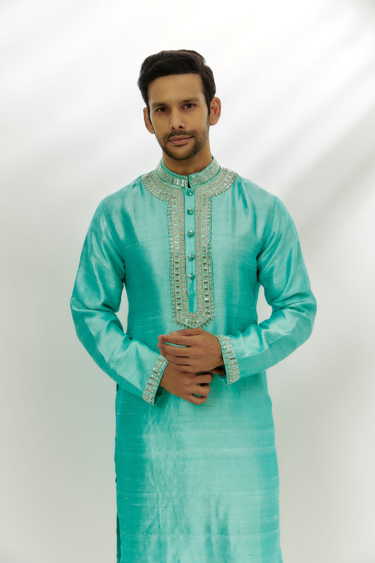 Cyan Blue Rawsilk Embroidered Kurta