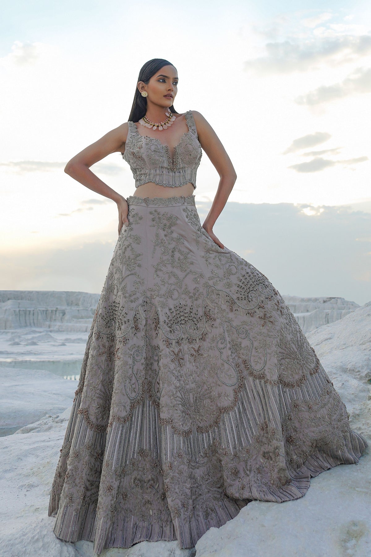 Grey Embellished Lehenga Set