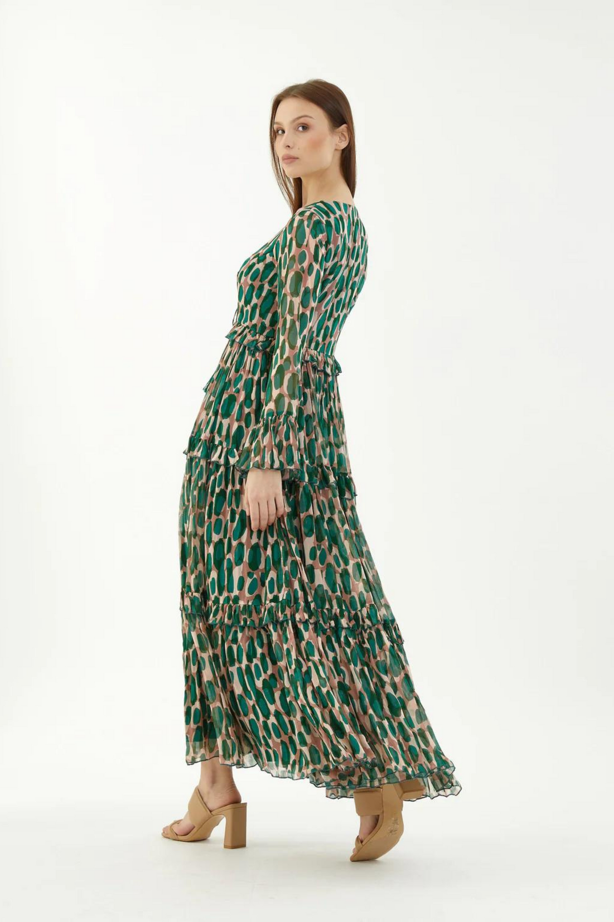 Green And Peach Front Open Frill Dress