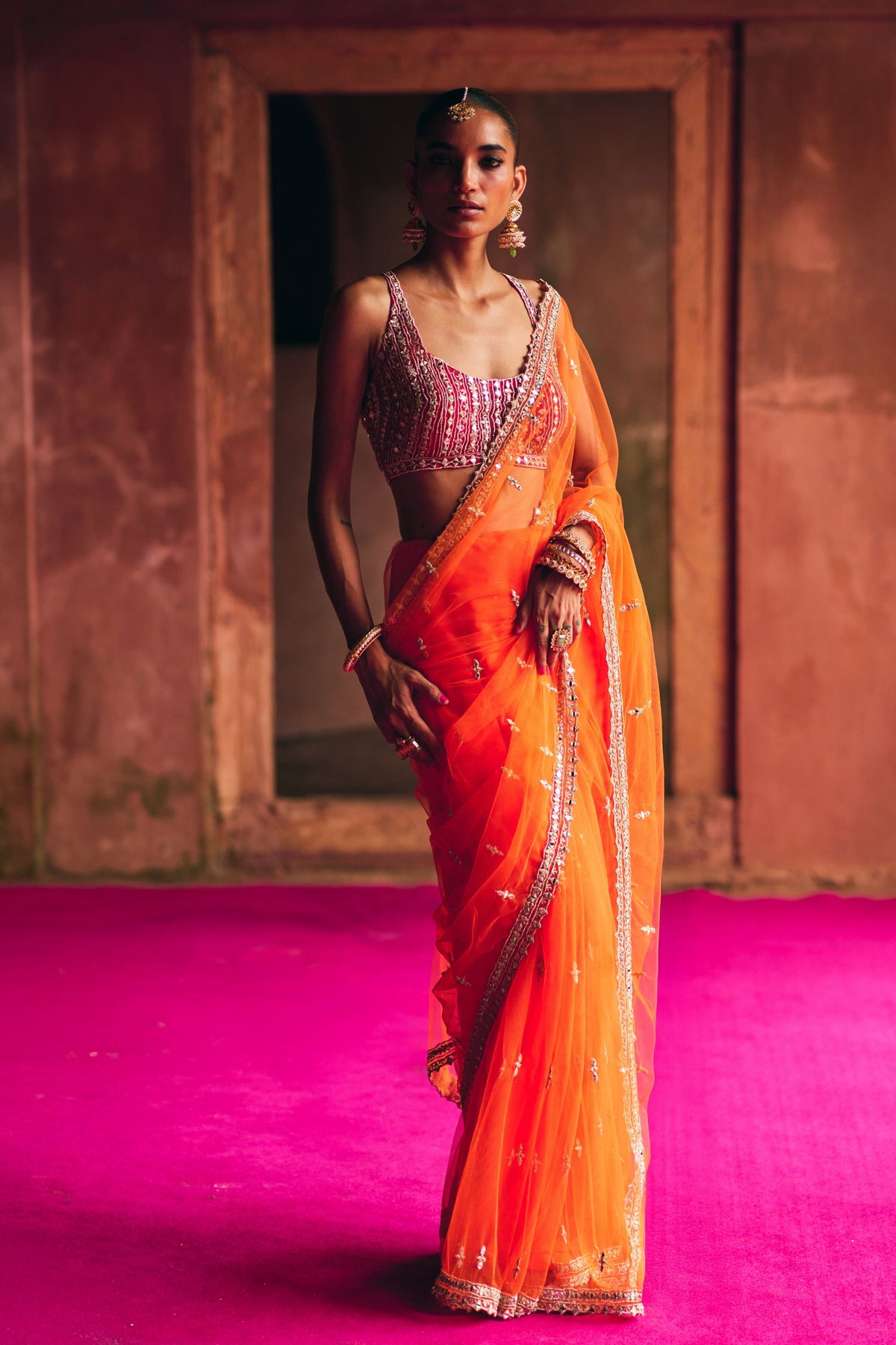 Orange Net Saree Set