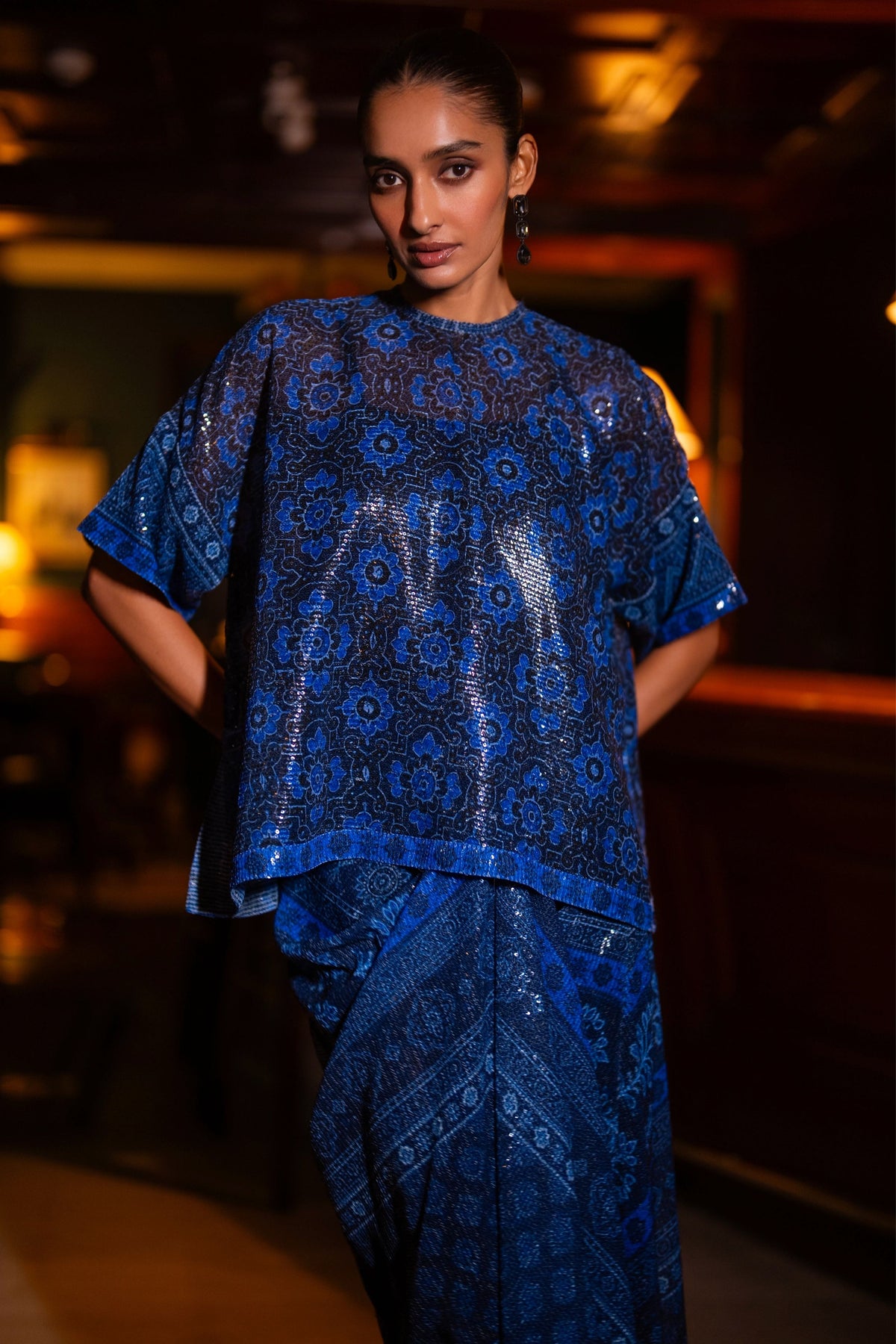 Blue Sequin Boxy Top & Drape Skirt