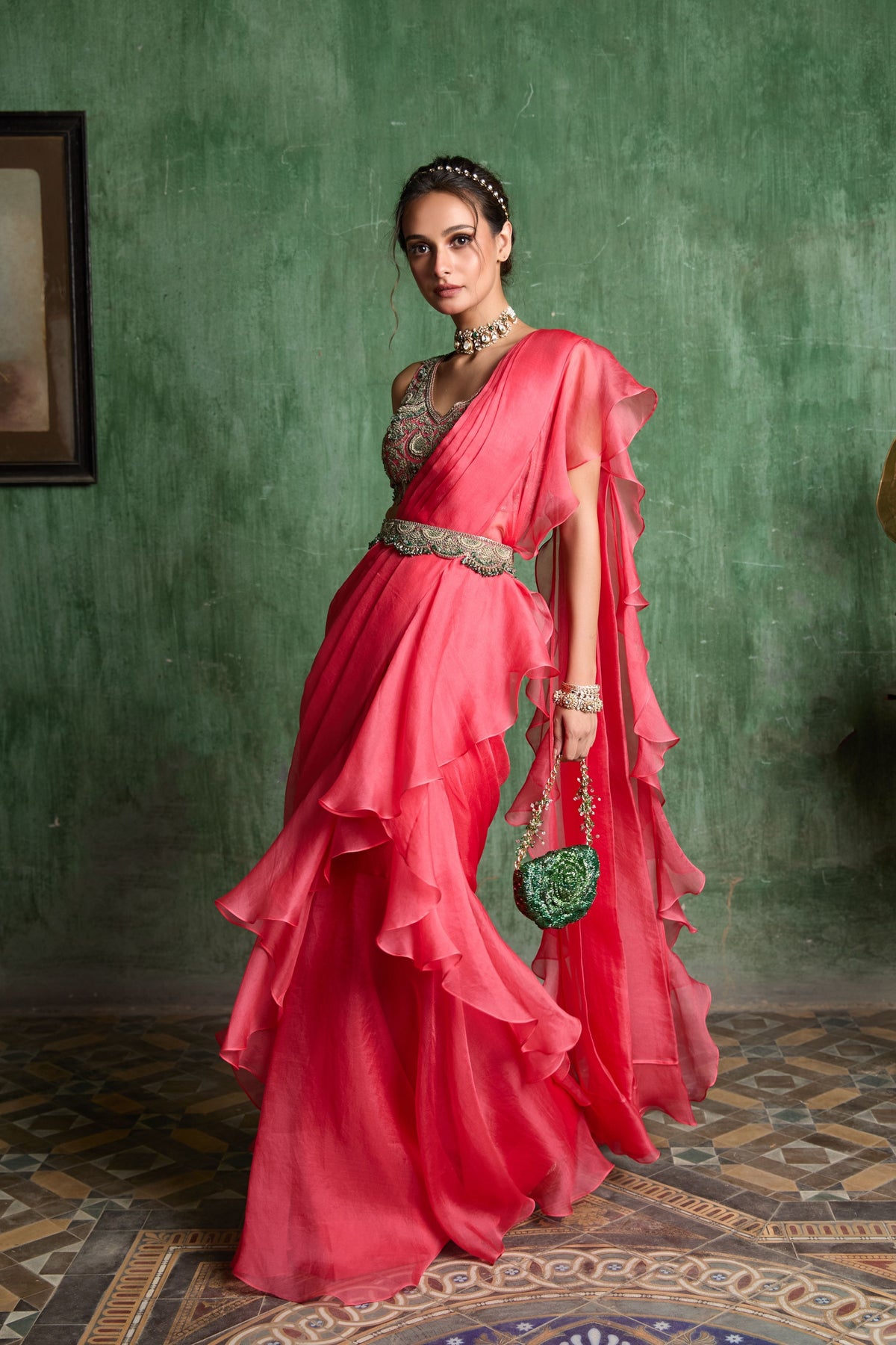Peach Draped Saree Set