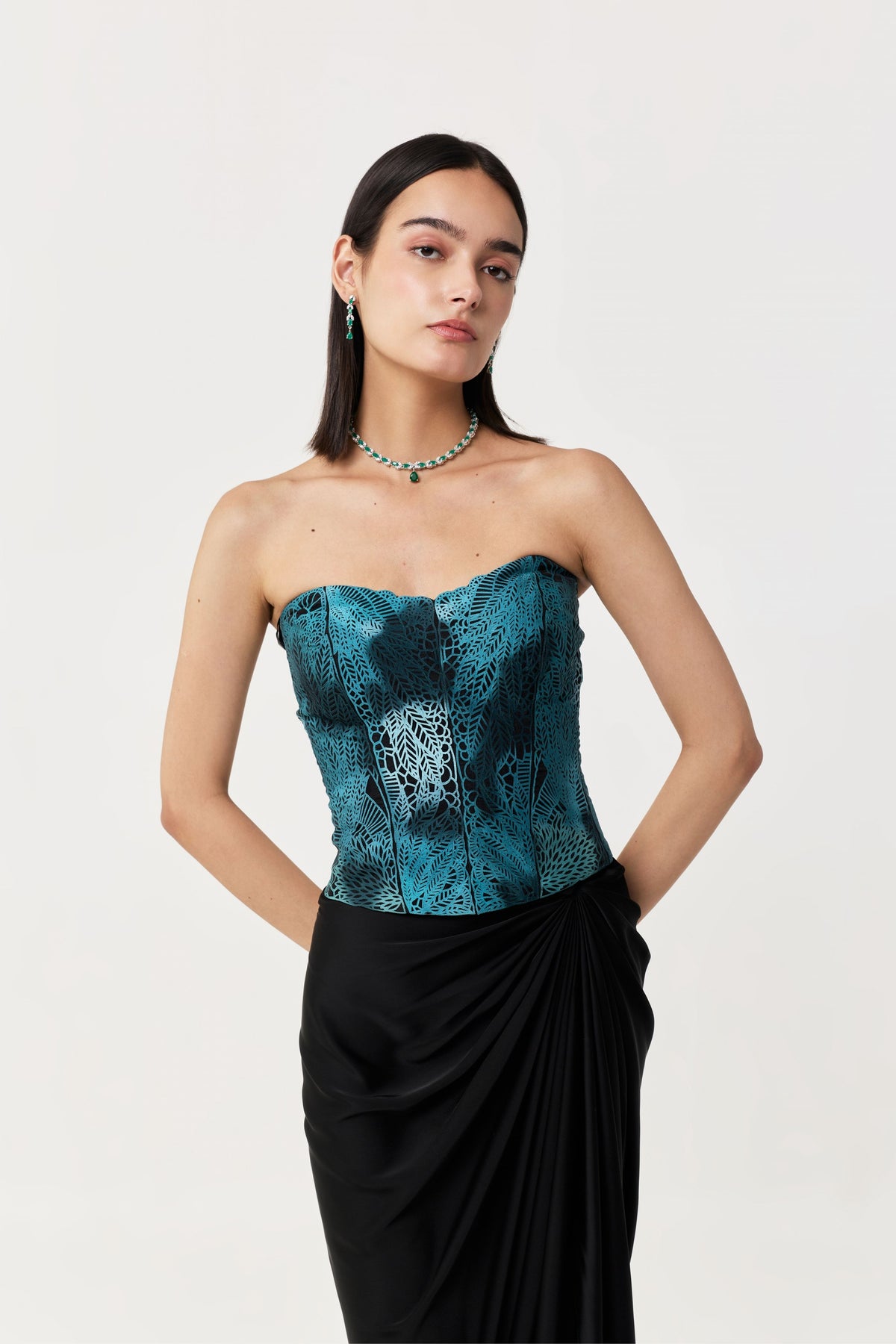 Moss Forest Emerald Teal Appliqué Corset Set