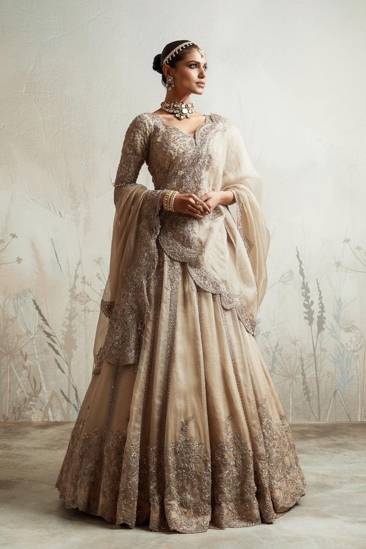 Beige Corner Butta Lehenga Set