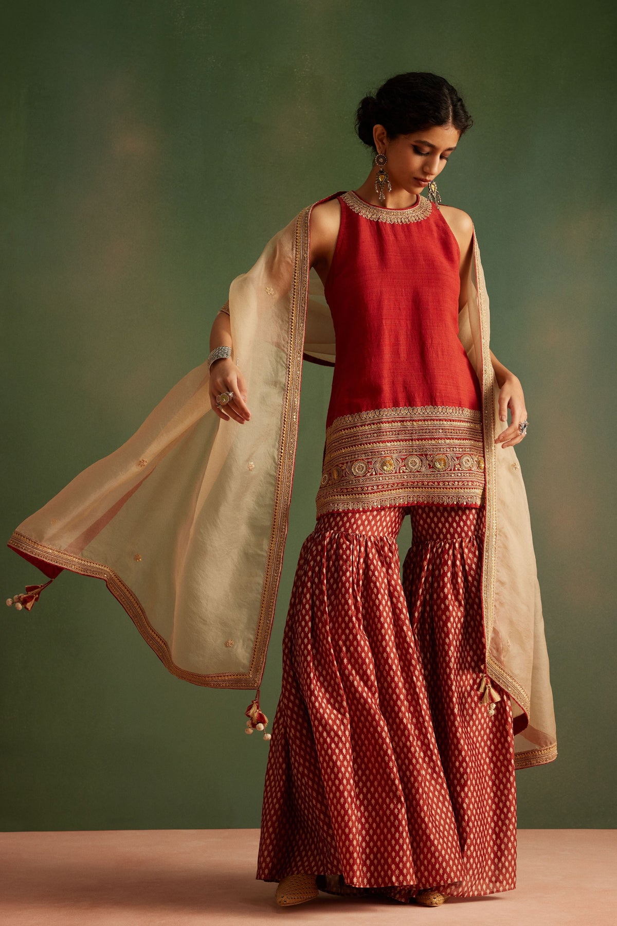 Red Matka Silk Sharara Set