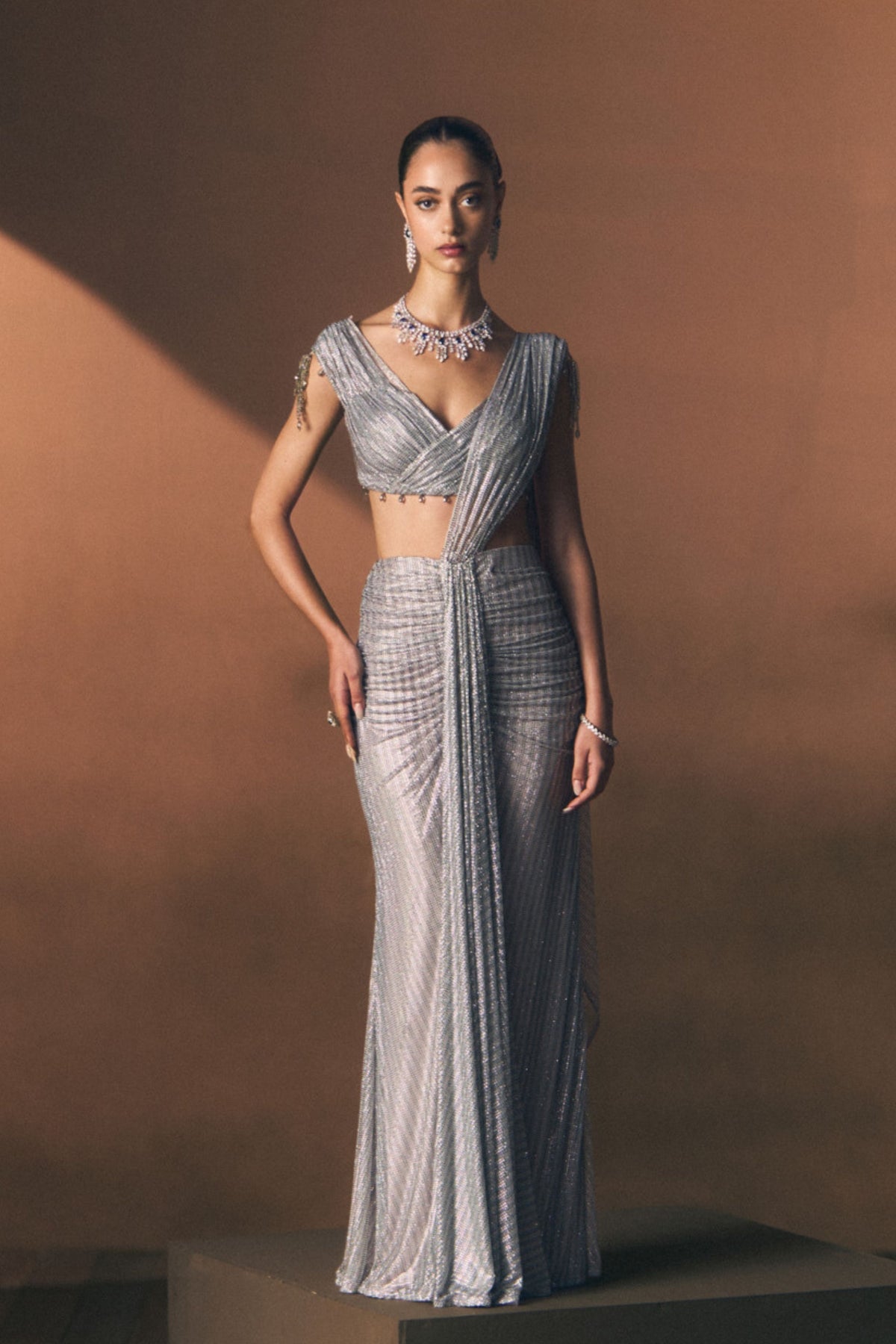 Pewter Drape Saree Set