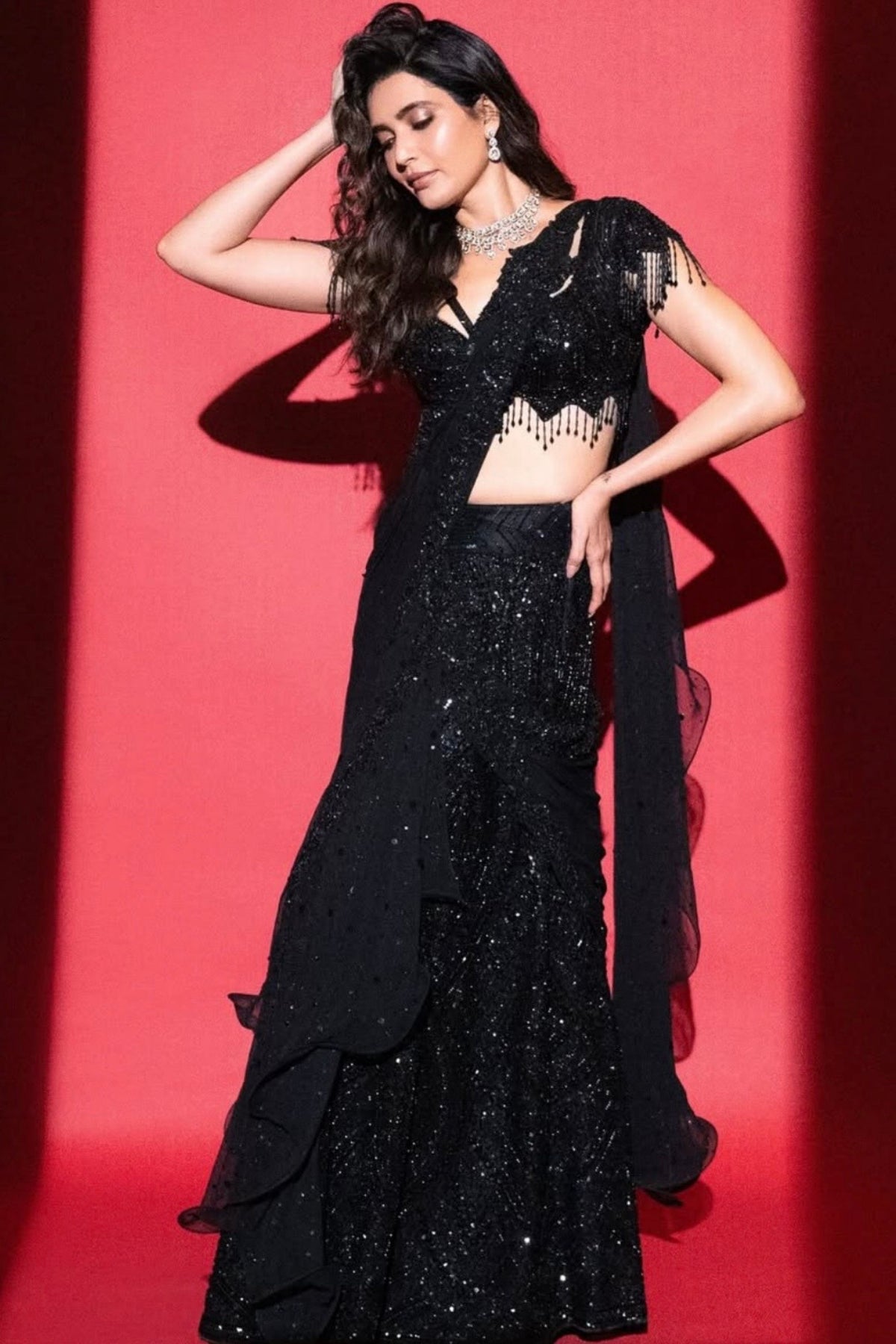 Shimmering Black Draped Saree Set