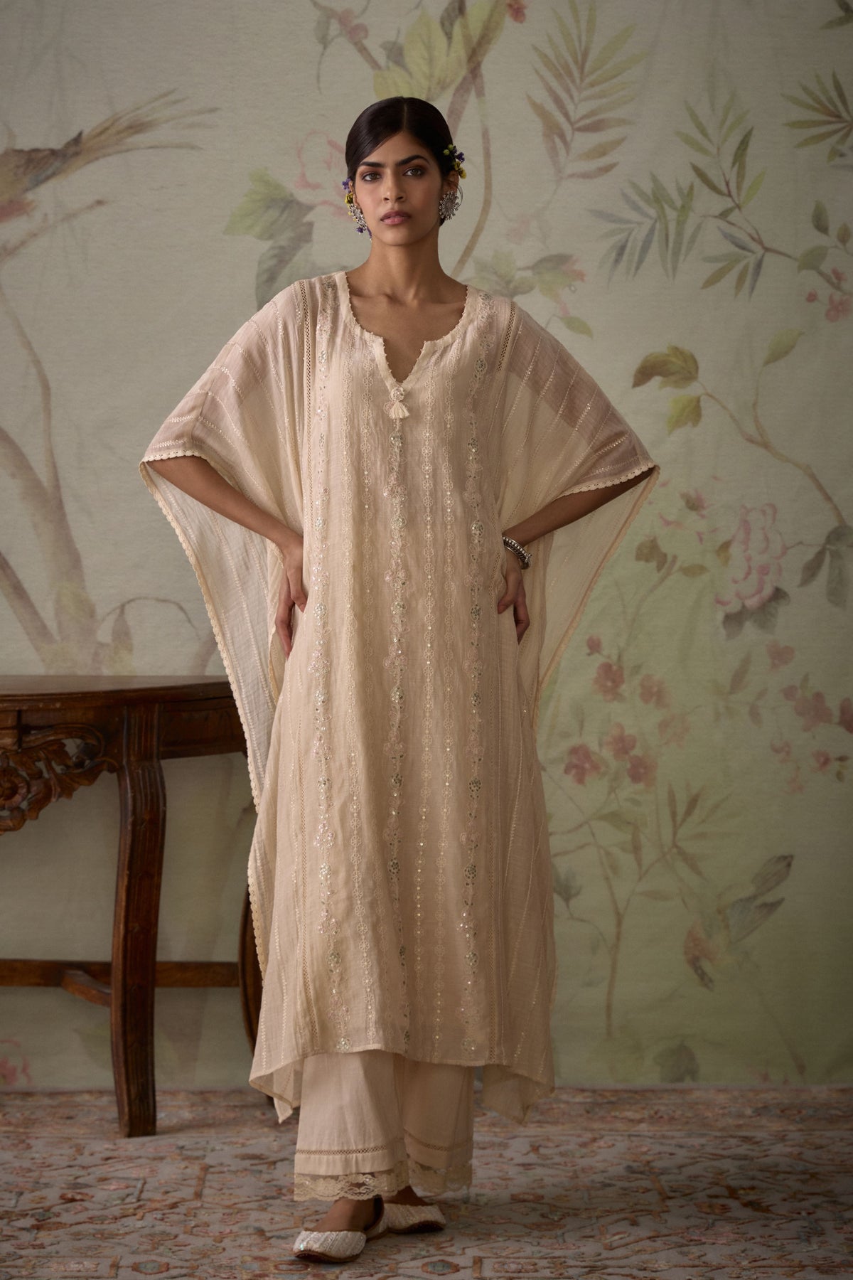 Ivory Floral Embroidered Kaftan Set
