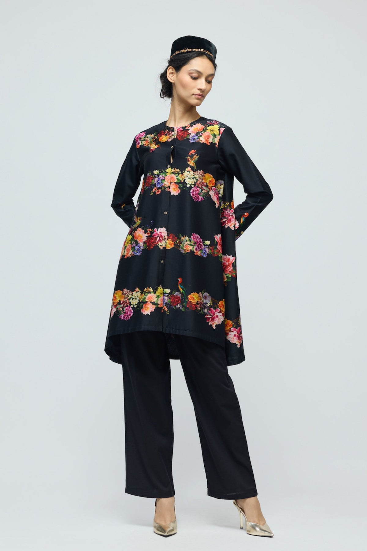 Black Floral Chanderi Tunic Set