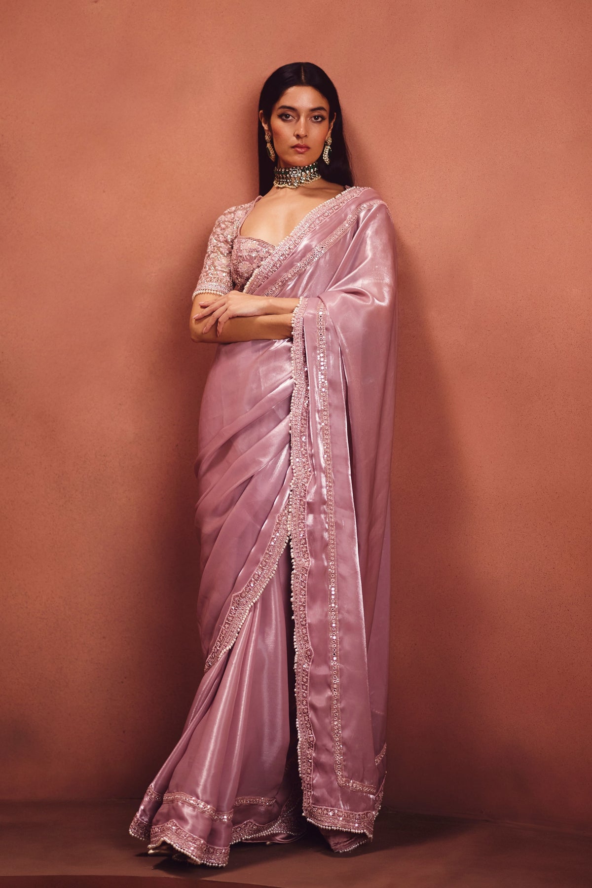 Mauve Embroidered Saree Set