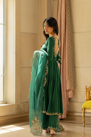 Emerald Green Chiniya Silk Anarkali Set - Emerald Green / L Emerald Green Chiniya Silk Anarkali Set - Emerald Green / L