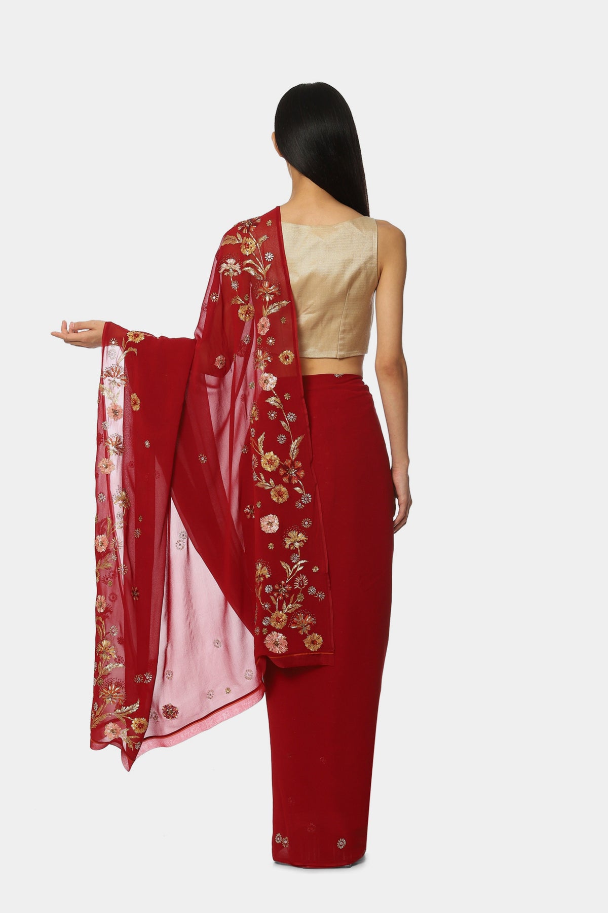 The Embroidered Buds Red Saree
