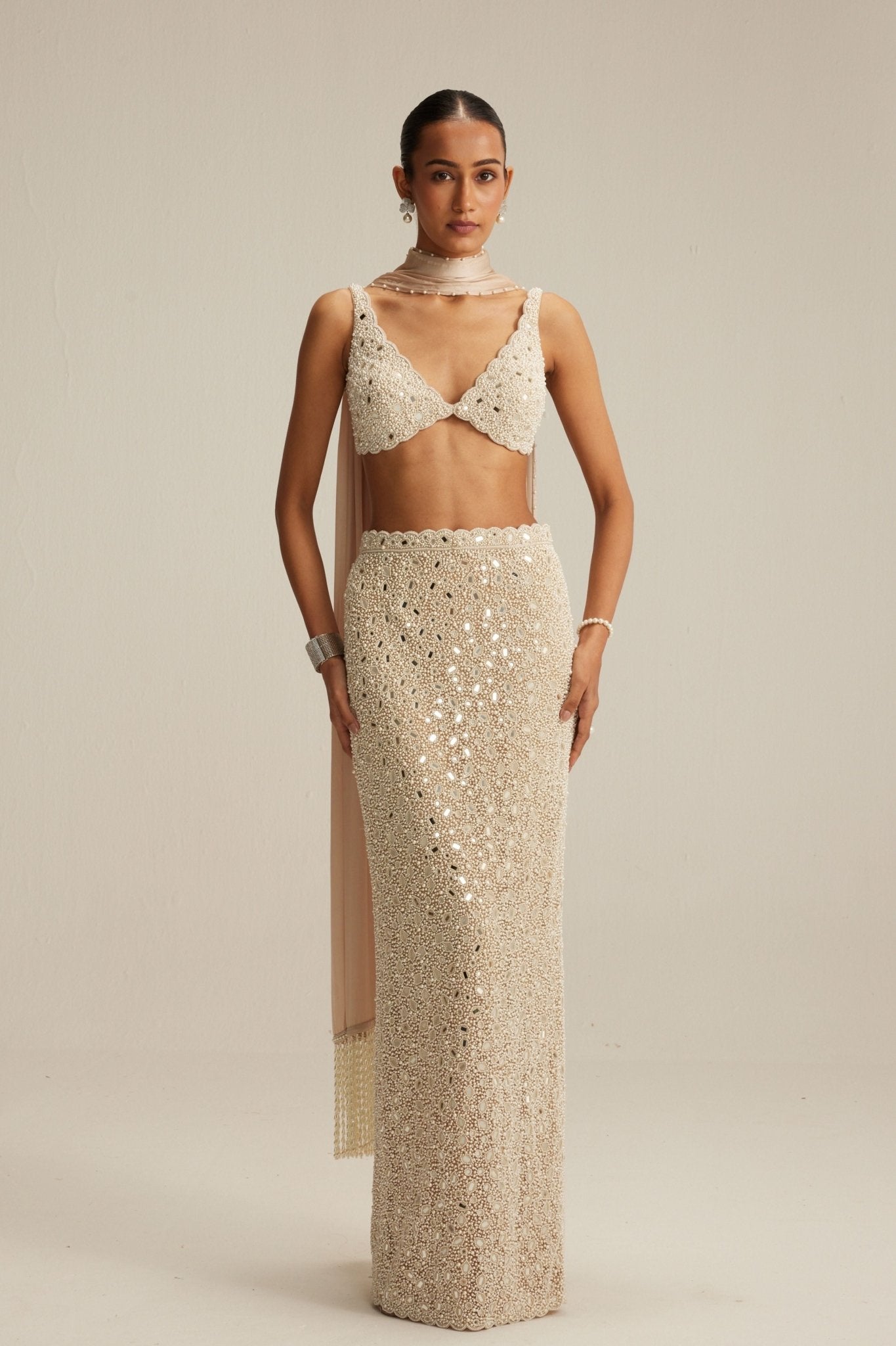 Light Beige Pencil Skirt - Vvani by Vani Vats - Elahe