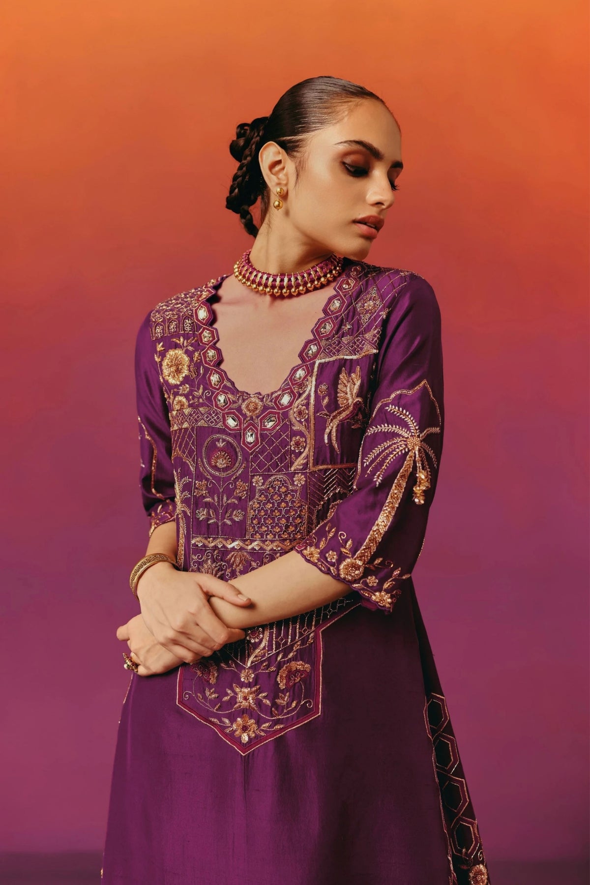 Purple Palm Long Kurta Set