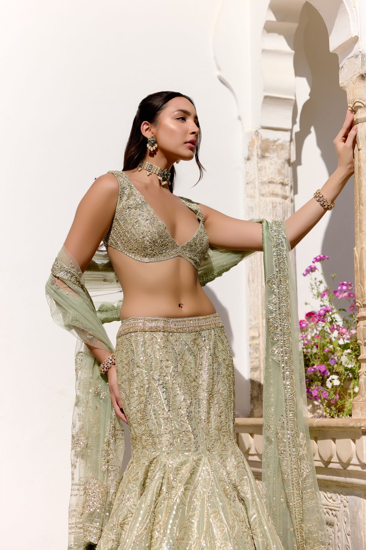 Sage Fish Cut Lehenga Set